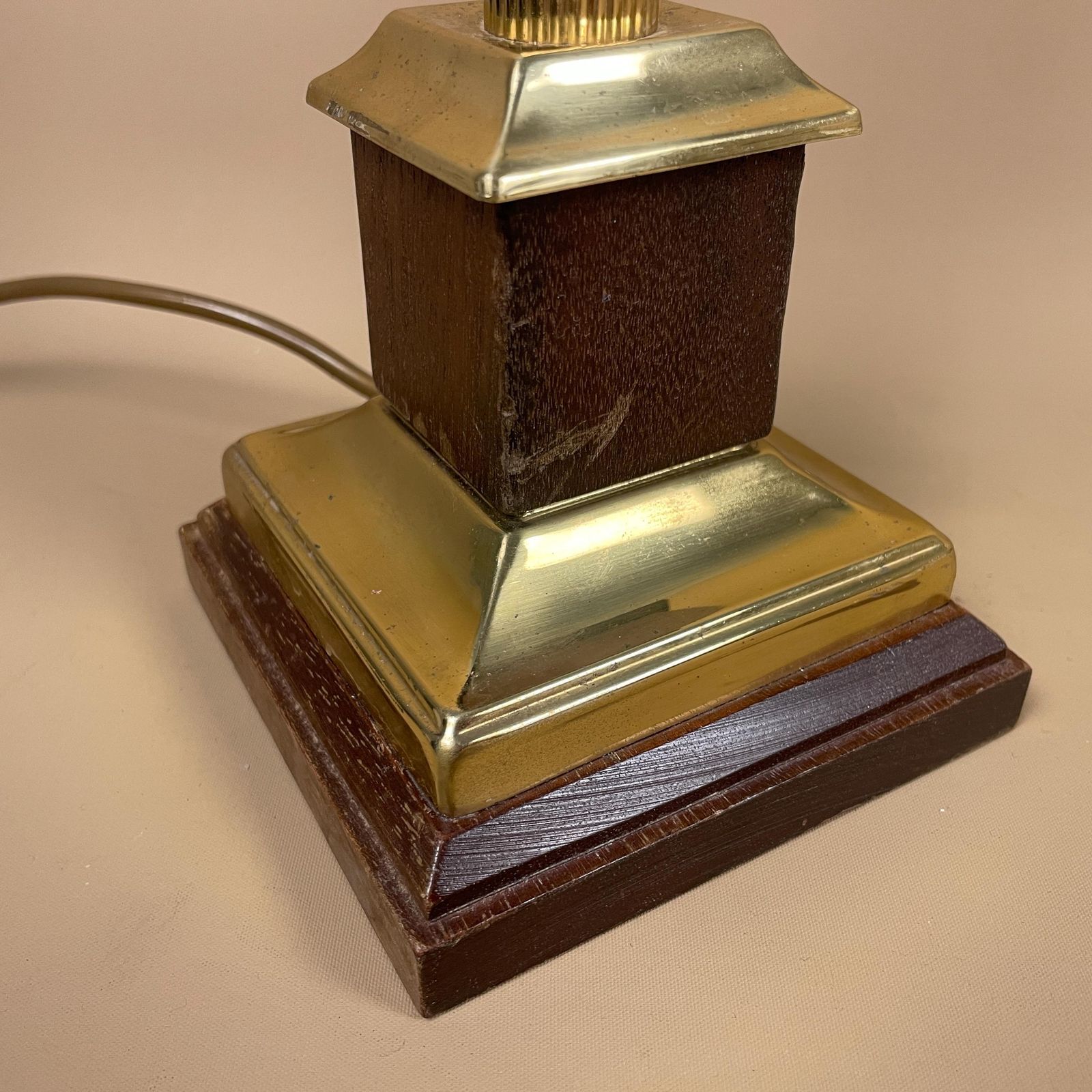 Antique Gold Brass Lamp Square Wooden Base Light Bedside Table Vintage Column Ornate Old Medium Pillar Old Metal photo 69.0