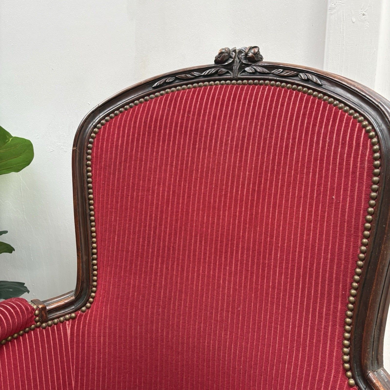 French Mahogany Red Striped Upholstery Boudoir Accent Arm Chair photo vintage