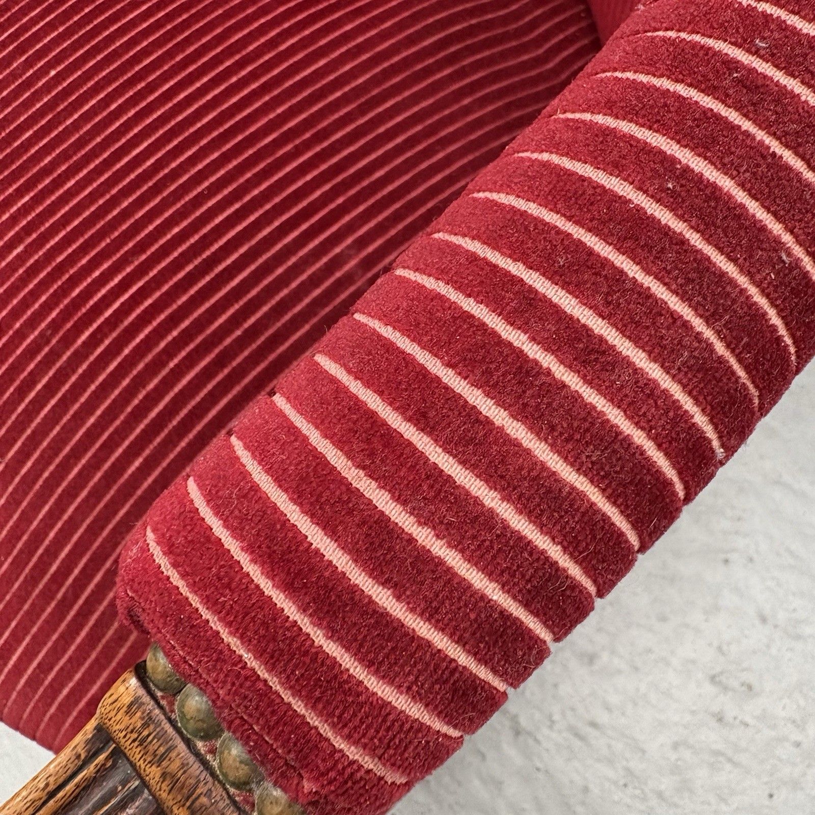 photo for sale French Mahogany Red Striped Upholstery Boudoir Accent Arm Chair