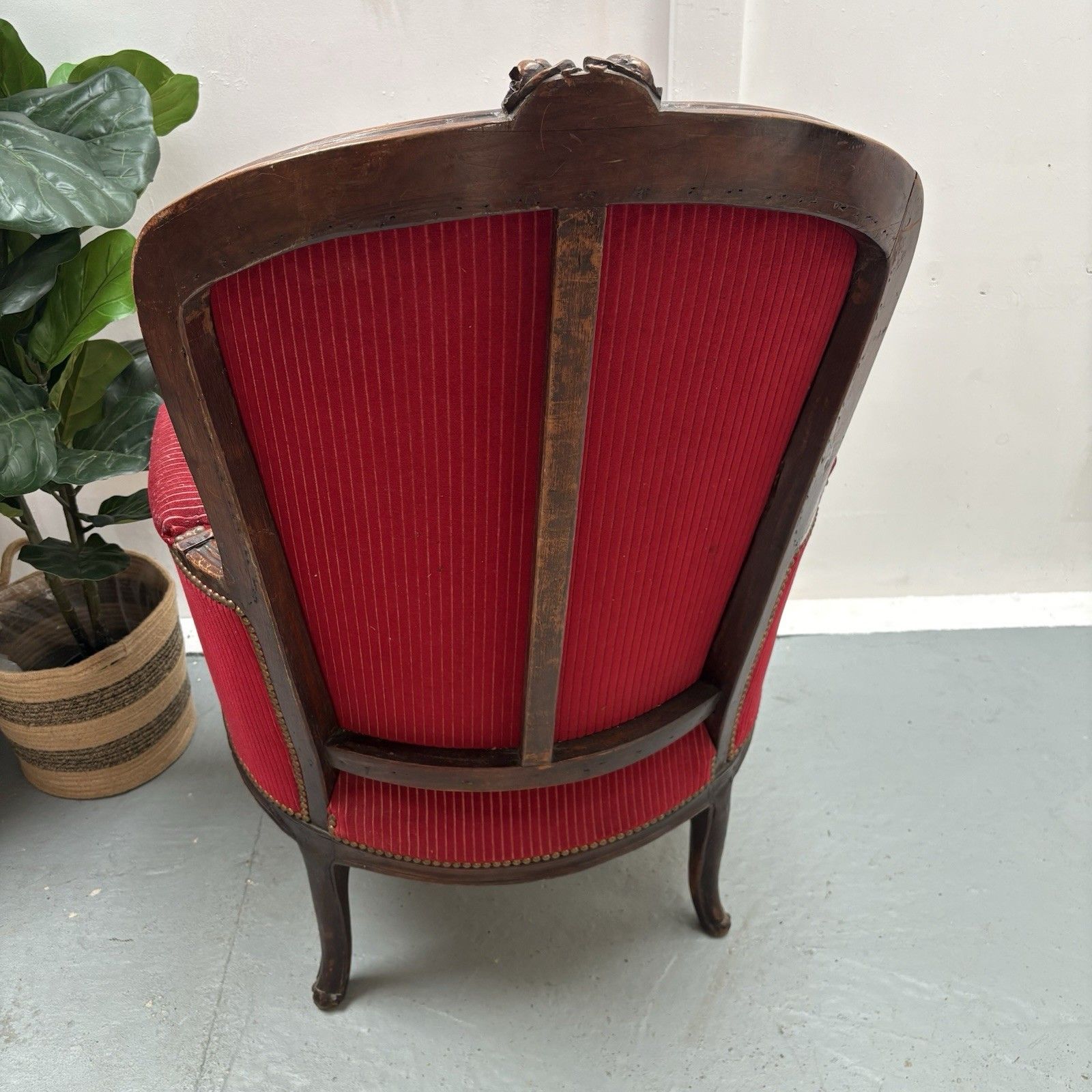 photo vinterior French Mahogany Red Striped Upholstery Boudoir Accent Arm Chair