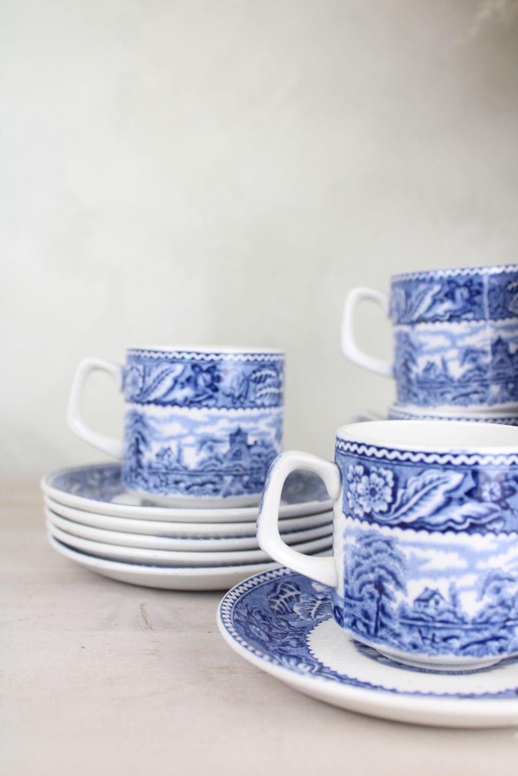 Set Of 6 Burslem Woods & Sons Woodland Blue And White Espresso Cups And Saucers photo furniture