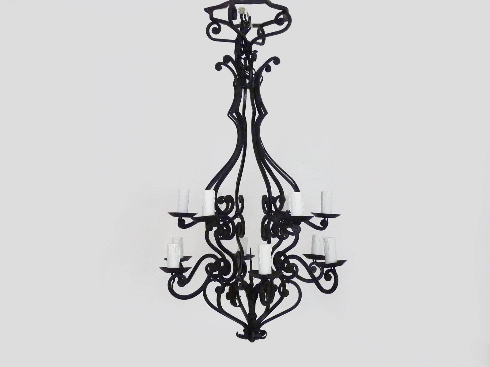 Large 12 Light Wrought Iron Entryway Or Living Room Chandelier. 1960s 1970s photo for sale