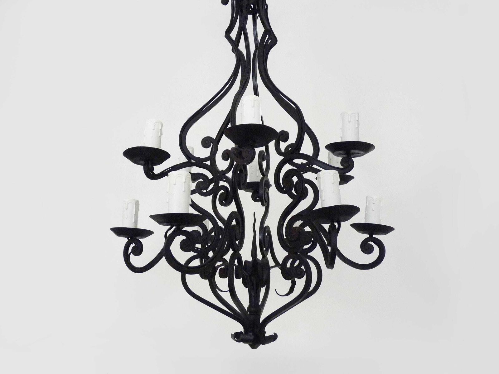 Large 12 Light Wrought Iron Entryway Or Living Room Chandelier. 1960s 1970s photo vinterior