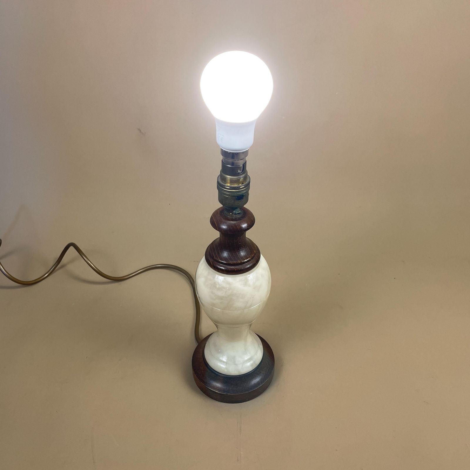 Antique Marble & Wood Lamp Light Bedside Table Desk Side Light Vintage Retro Cream Marbled Round Brass Gold Brass Fitting Medium photo buy