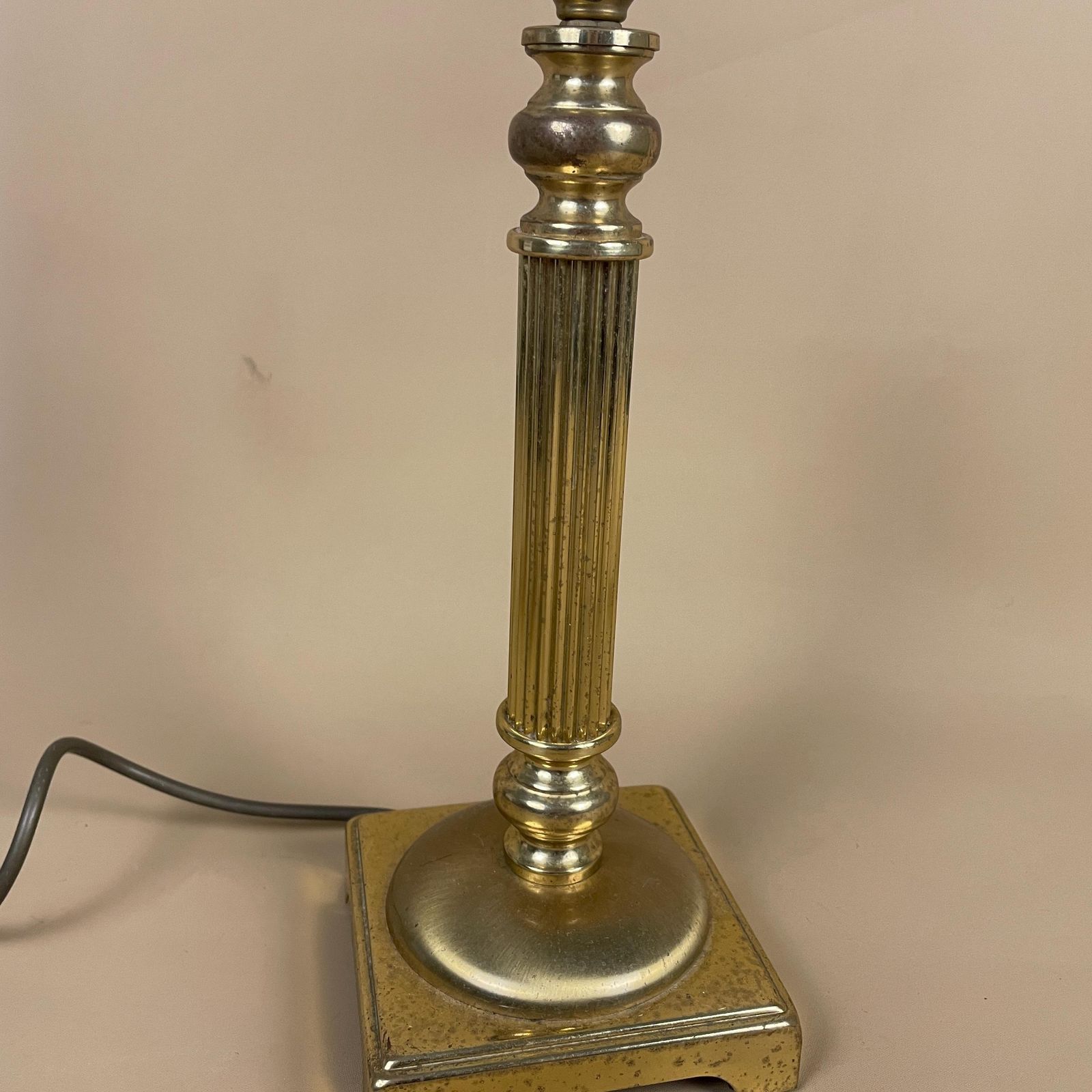 Vintage Gold Brass Metal Lamp Light Bedside Side Table Desk Ornate Detail Square Base Antique Medium Pattern Aged Patina Column Pillar Old photo for sale