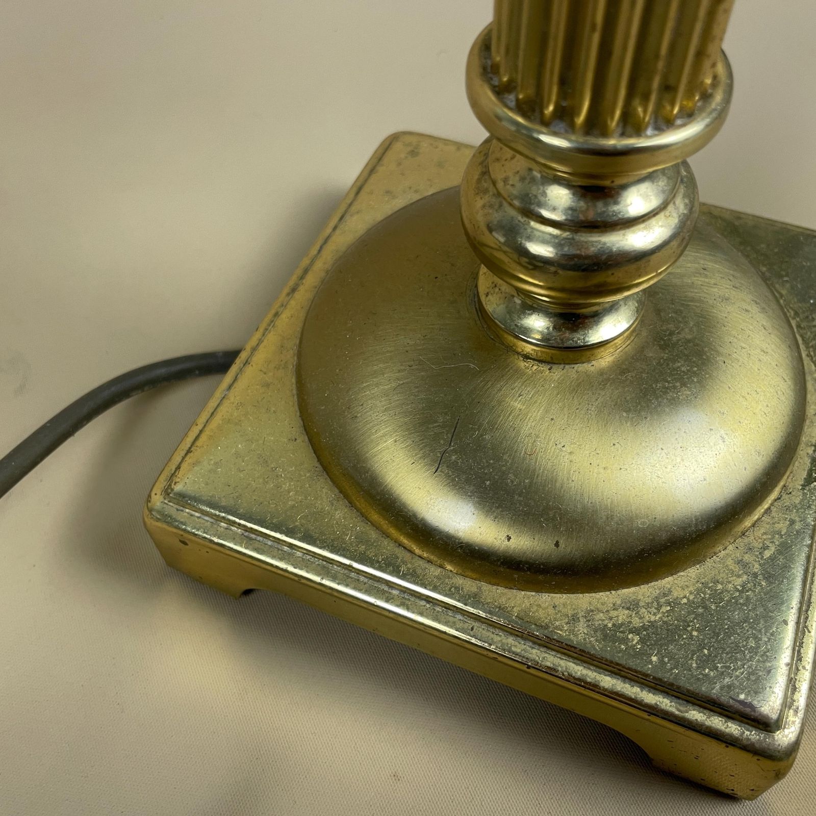 photo furniture Vintage Gold Brass Metal Lamp Light Bedside Side Table Desk Ornate Detail Square Base Antique Medium Pattern Aged Patina Column Pillar Old