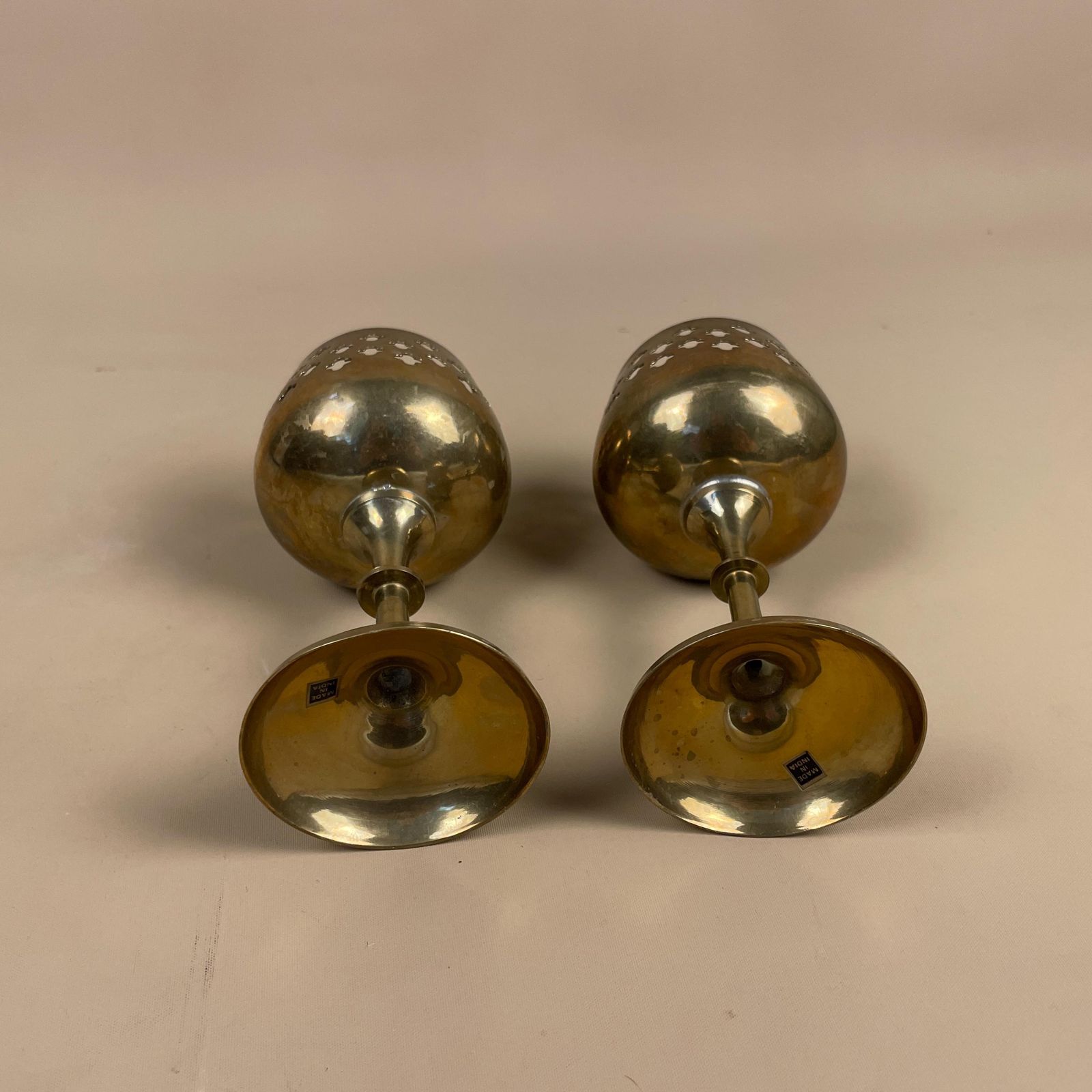Antique Matching Pair Of Gold Brass Metal Candlestick Candle Stick Vintage Taper Dinner Candlesticks Column Lantern Round Base Indian India photo buy