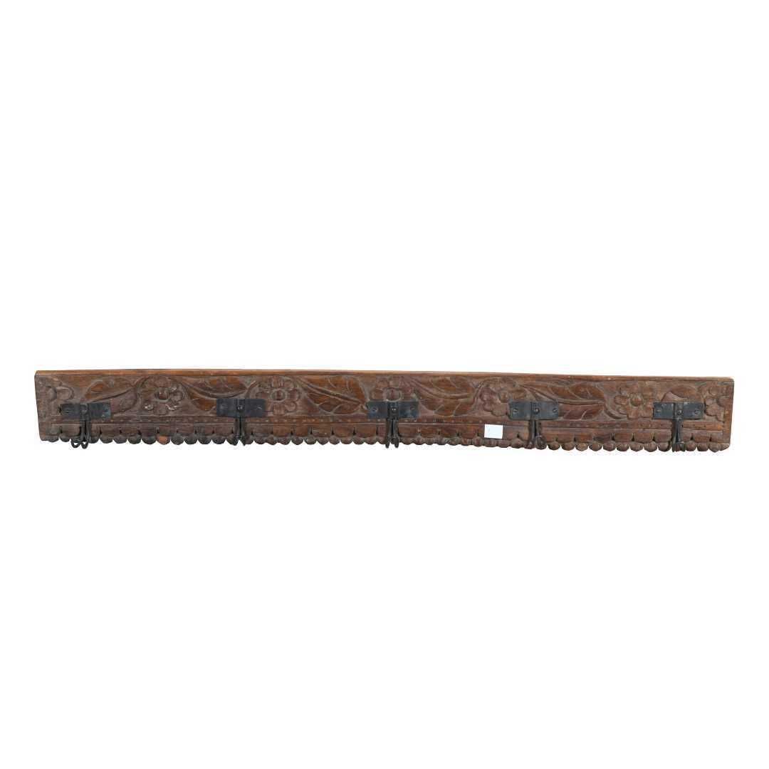 Antique Chestnut Brown Teak & Black Iron Coat Hook Panel, Vintage Indian Carved Wall Rack, 120cm photo furniture