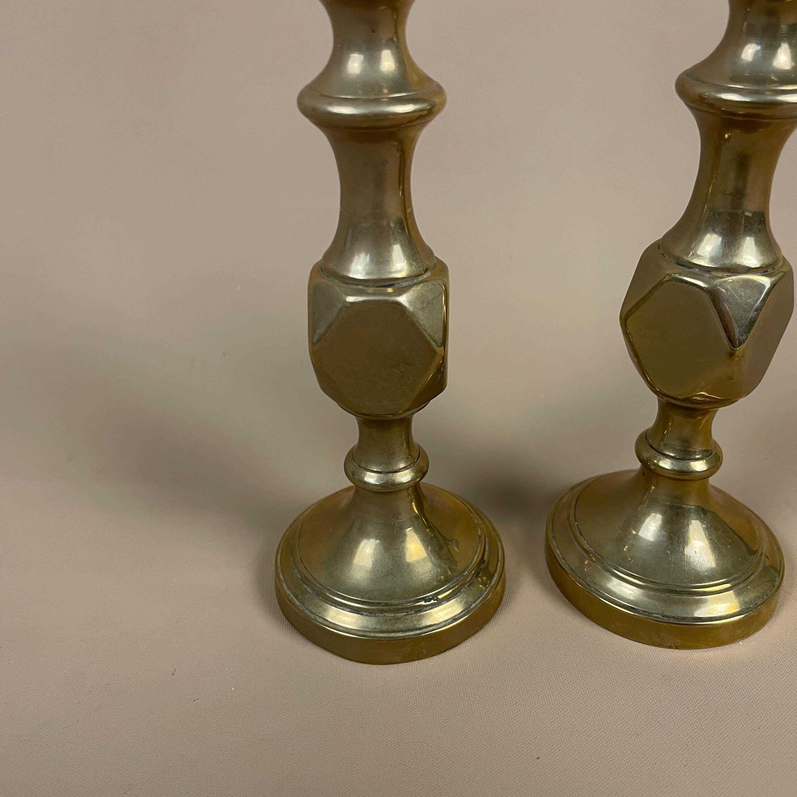 Antique Matching Pair Of Gold Brass Metal Candlestick Candle Stick Vintage Taper Dinner Candlesticks Column Round Base Small photo 51.0