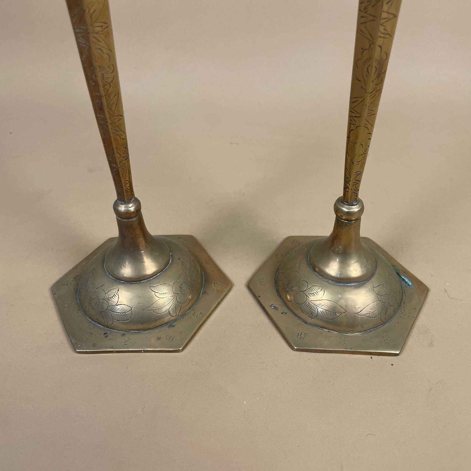 Antique Indian Matching Pair Of Gold Brass Metal Candlestick Candle Stick Vintage Hexagon Taper Dinner Candlesticks Column Pillar Engraved photo Home Decor