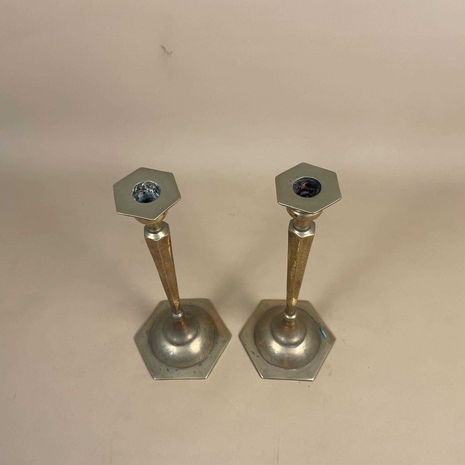 Antique Indian Matching Pair Of Gold Brass Metal Candlestick Candle Stick Vintage Hexagon Taper Dinner Candlesticks Column Pillar Engraved photo vinterior