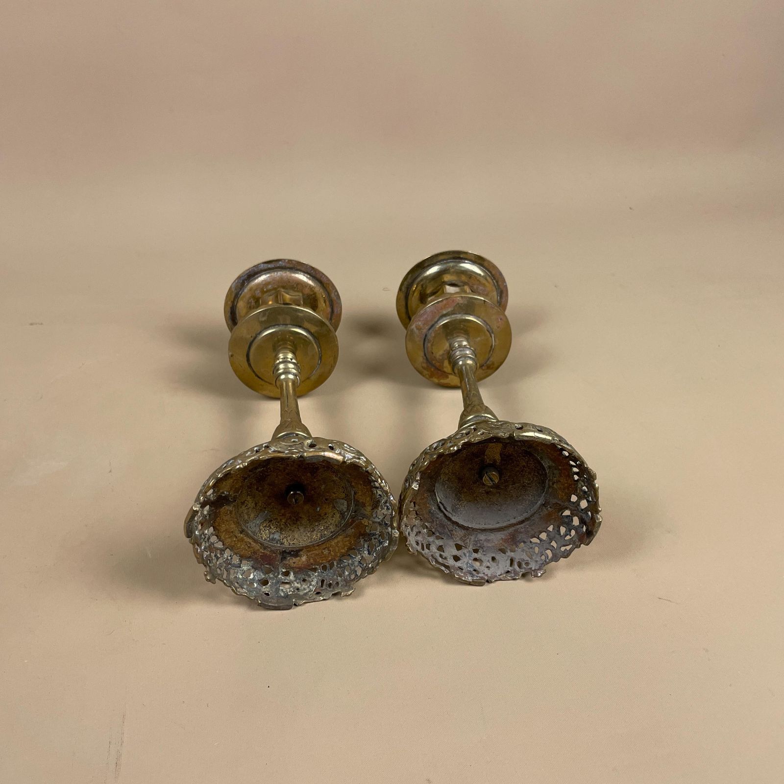 Antique Matching Pair Of Gold Brass Metal Candlestick Candle Stick Vintage Taper Dinner Candlesticks Column Pillar Round Base Indian India photo vintage