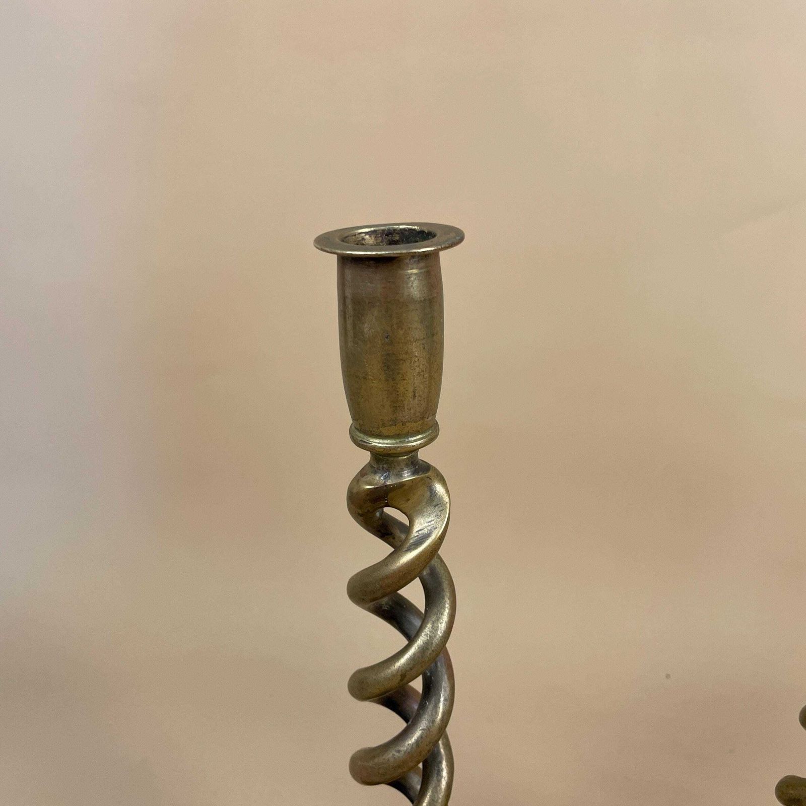 Antique Matching Pair Of Gold Brass Metal Candlestick Candle Stick Vintage Column Taper Dinner Candlesticks Twisted Twist Round Base photo 65.0