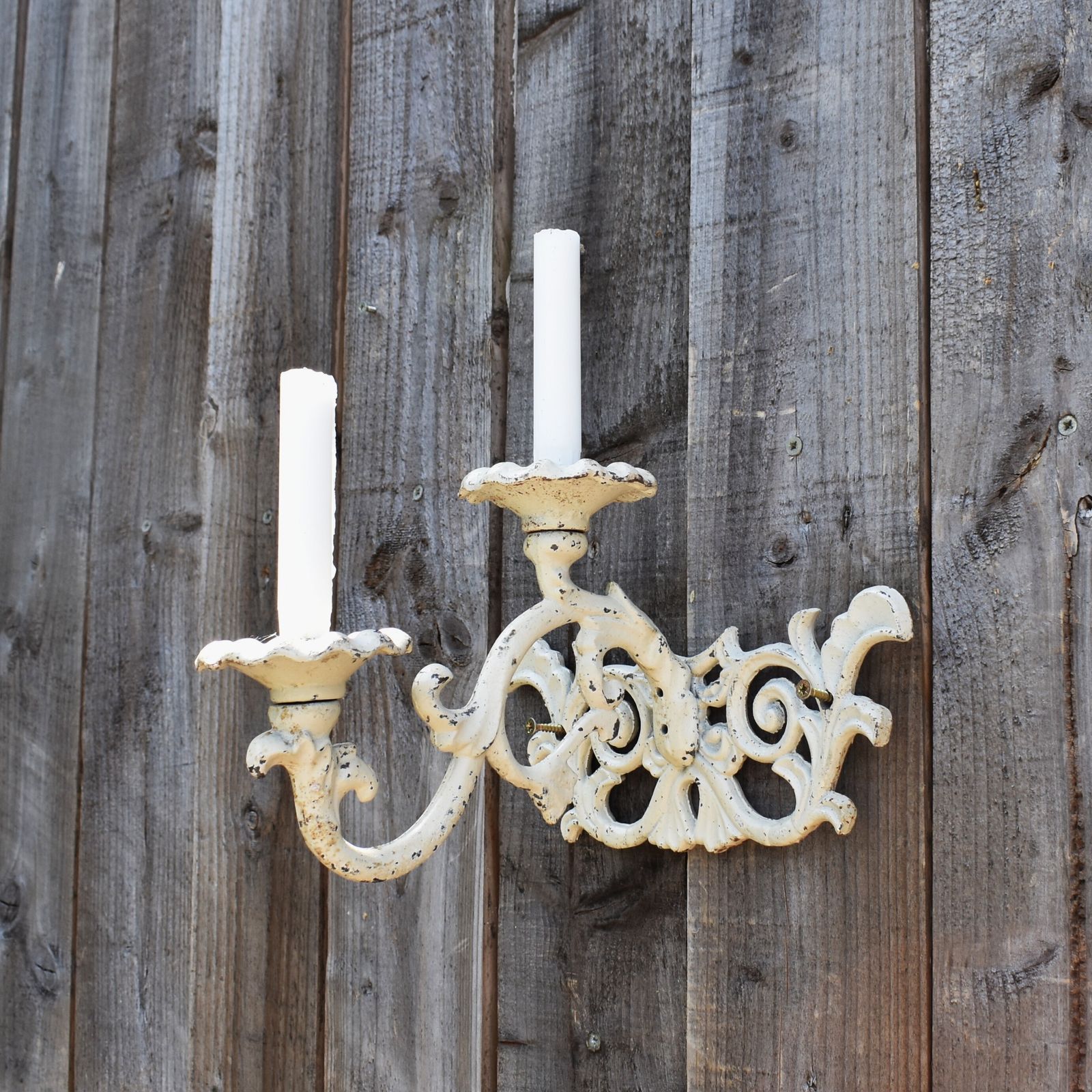 photo for sale Antique Style Cast Iron White Painted Candle Holder Candlestick Garden Sconce
