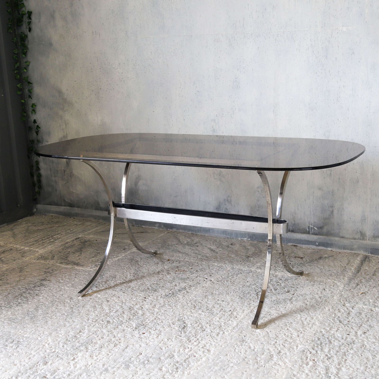 Vintage Table/Desk: Chrome Metal Base & Oval Ended Smoked Glass Top photo 575.0