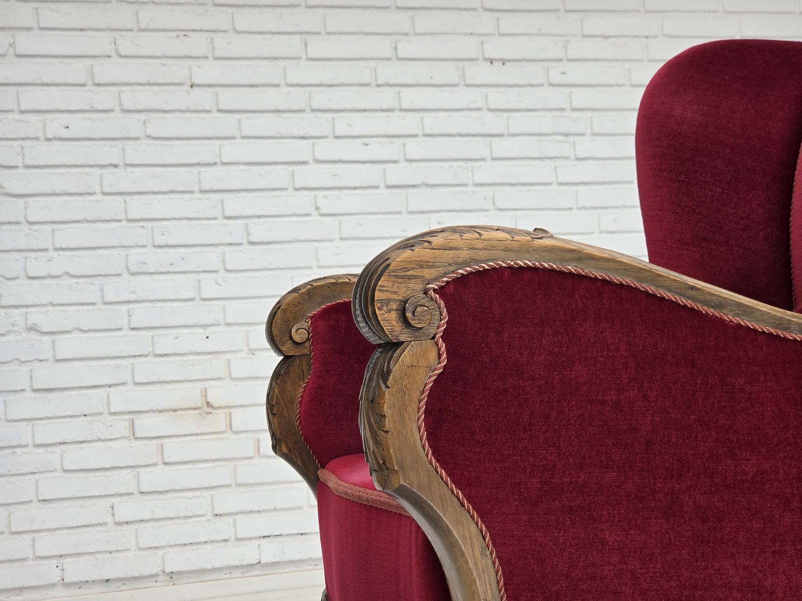 1960s, Danish Relax Chair, Cherry Red Furniture Velour, Oak Wood. photo vinterior