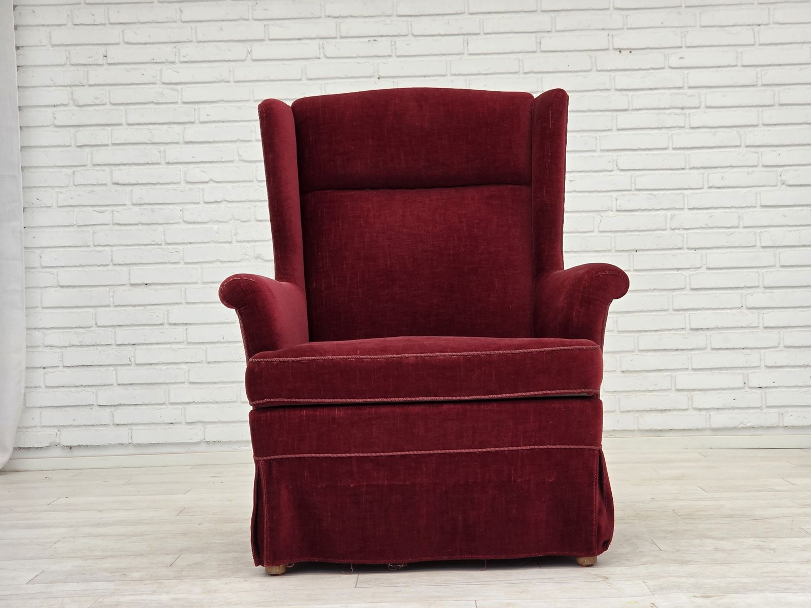 1970s, Danish Highback Chair, Cherry Red Furniture Velour, Ash Wood Legs. photo for sale