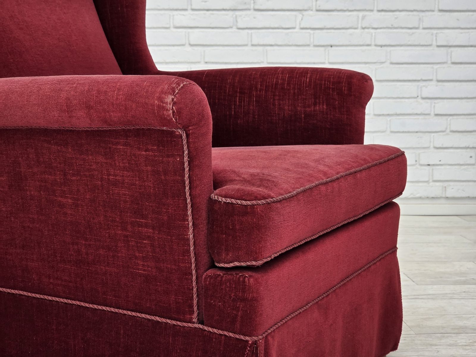 1970s, Danish Highback Chair, Cherry Red Furniture Velour, Ash Wood Legs. photo vintage
