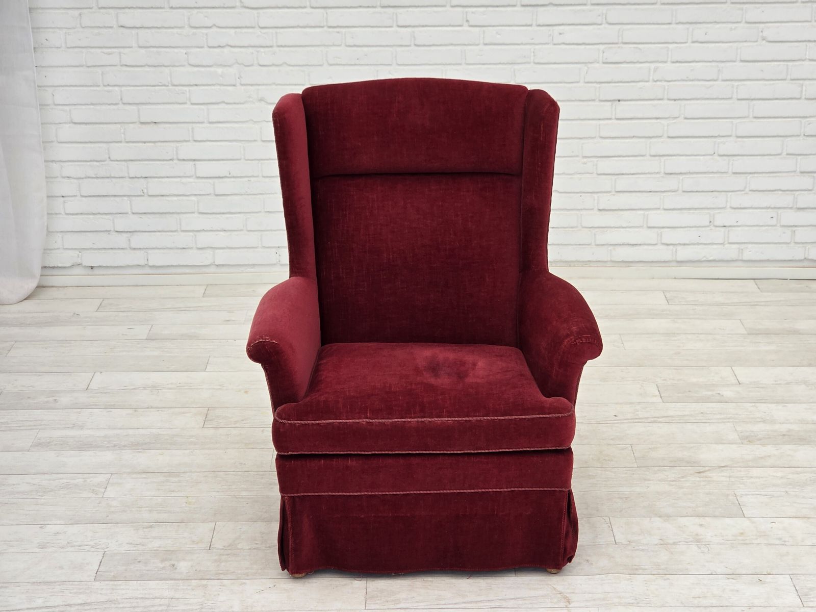 photo for sale 1970s, Danish Highback Chair, Cherry Red Furniture Velour, Ash Wood Legs.