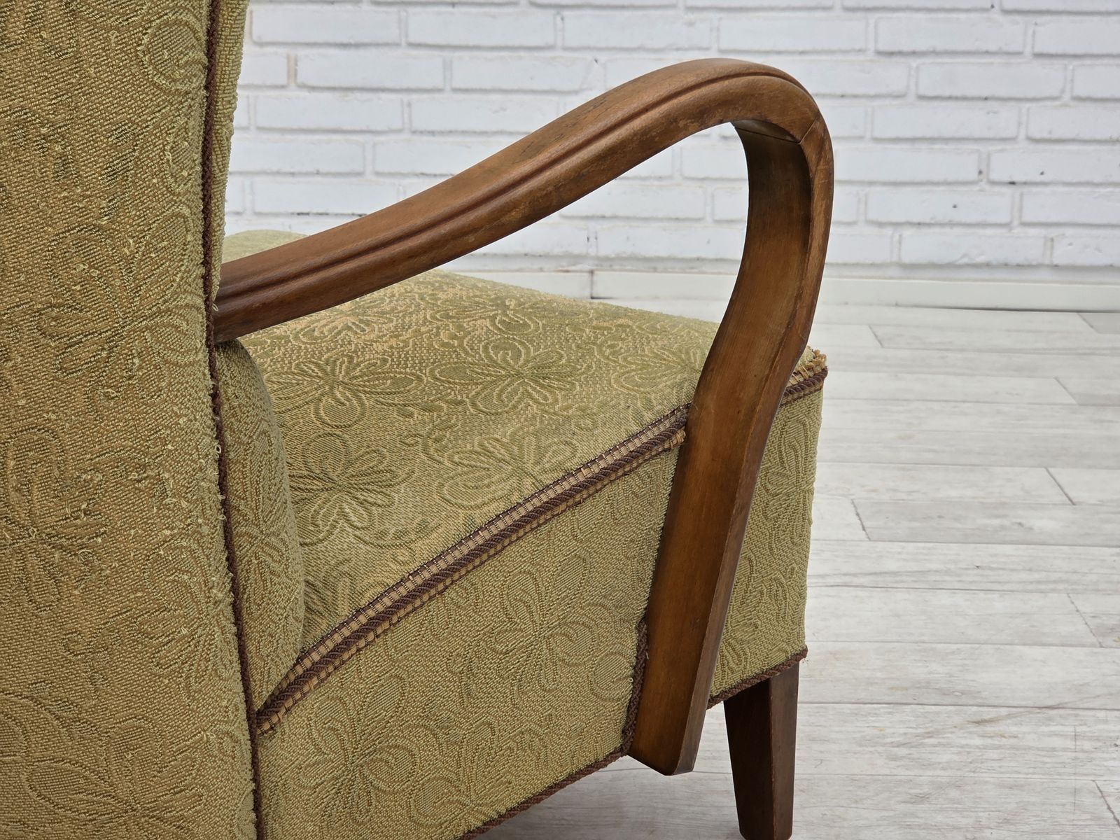 photo furniture 1960s, Danish Armchair, Light Green Furniture Velour, Beech Wood.