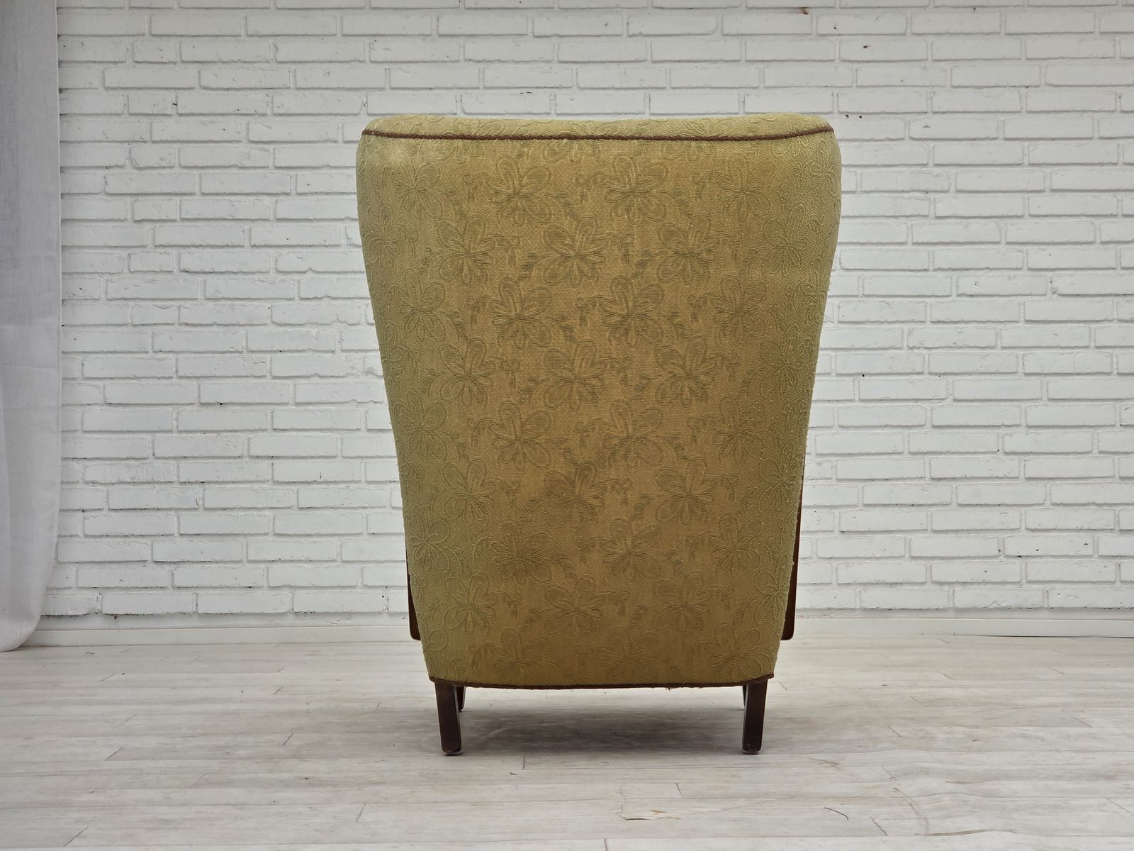 photo vinterior 1960s, Danish Armchair, Light Green Furniture Velour, Beech Wood.
