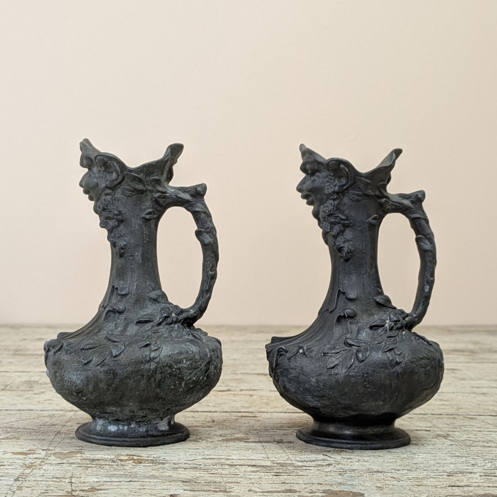 Antique Sylvain Kinsburger Art Nouveau Vases Pair French Satyr Faun Head Figural Sculptural Spelter Metal Mythological Castle Chateau Decor photo Home Decor