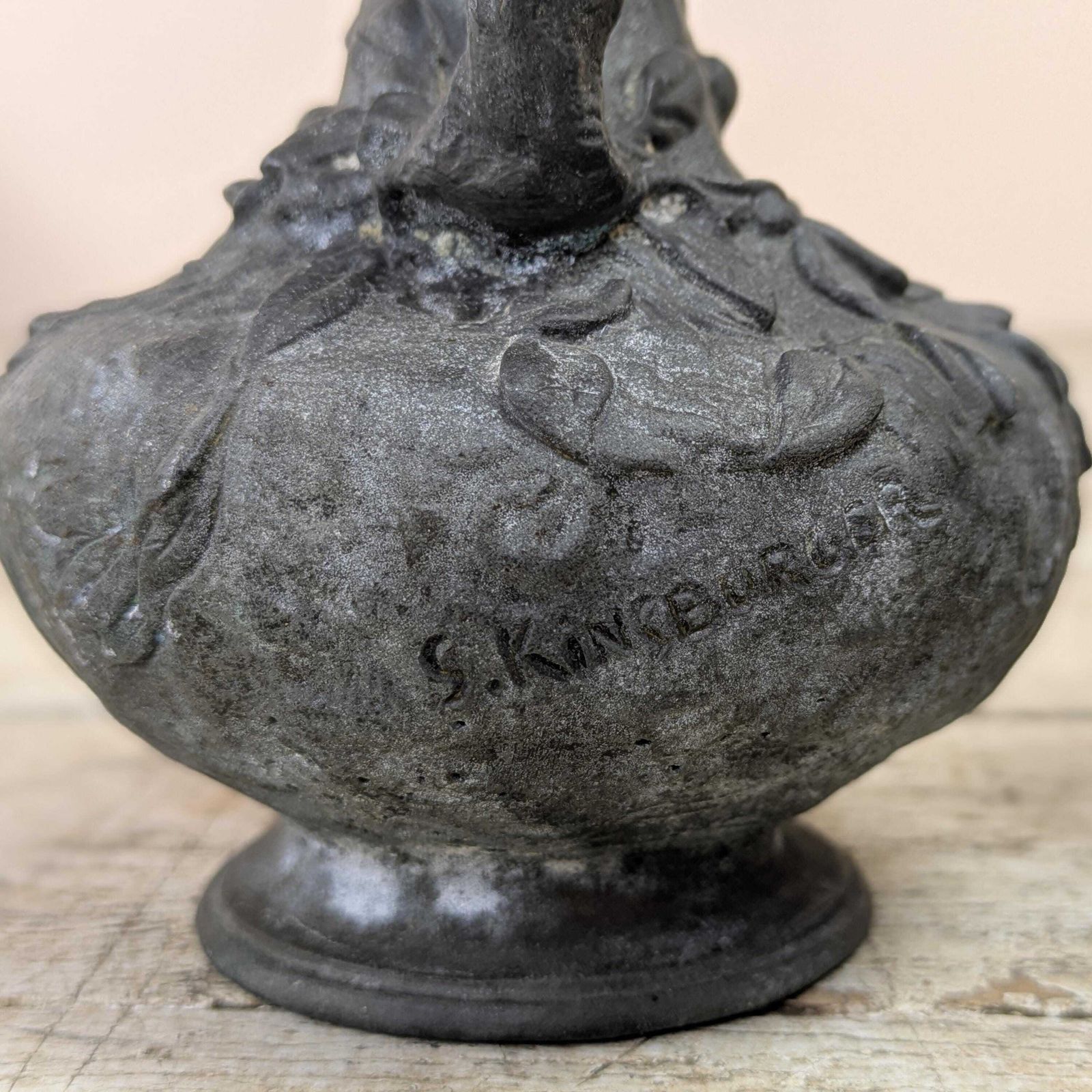 Antique Sylvain Kinsburger Art Nouveau Vases Pair French Satyr Faun Head Figural Sculptural Spelter Metal Mythological Castle Chateau Decor photo vinterior