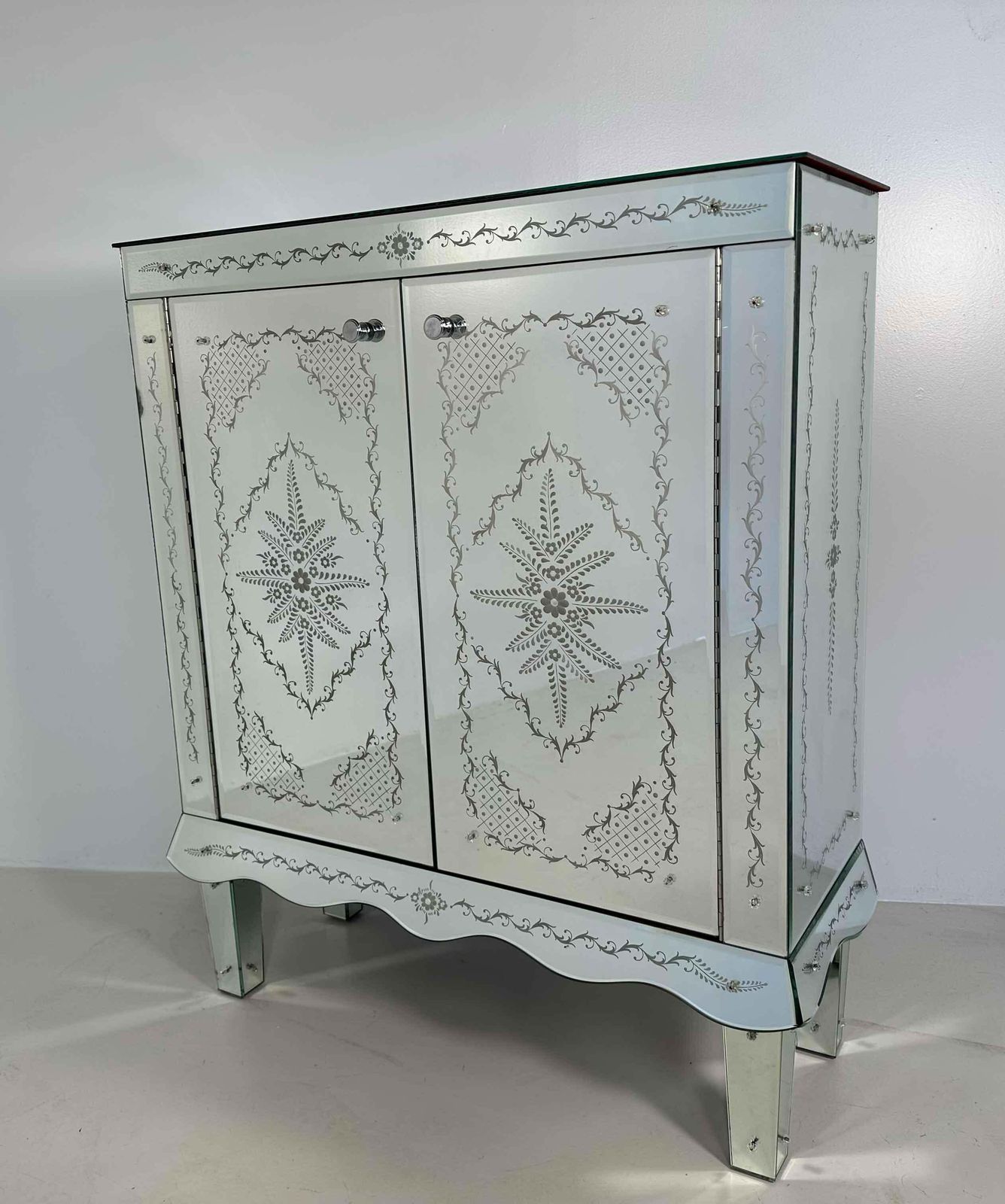 Italian Engraved Murano Glass Mirror Cabinet, Art Deco Style photo furniture