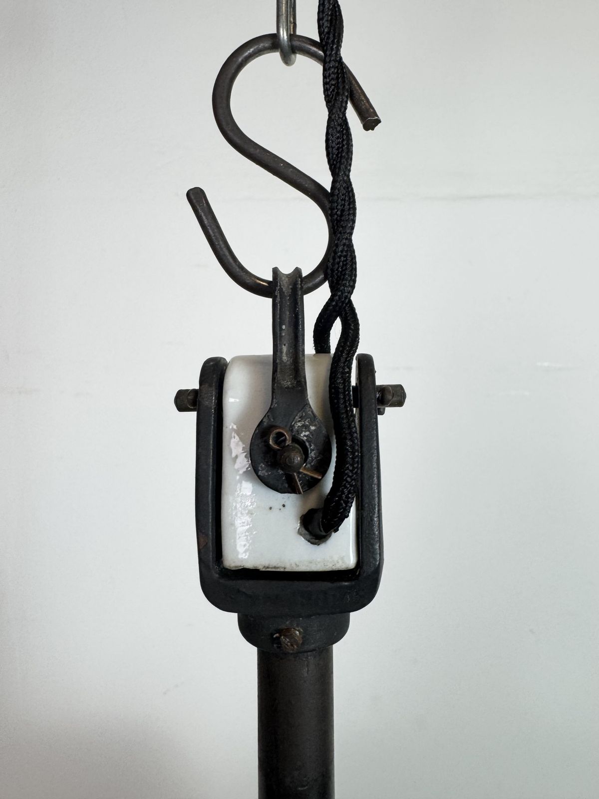 Industrial Black Enamel Factory Lamp With Porcelain Top, 1950s photo vintage
