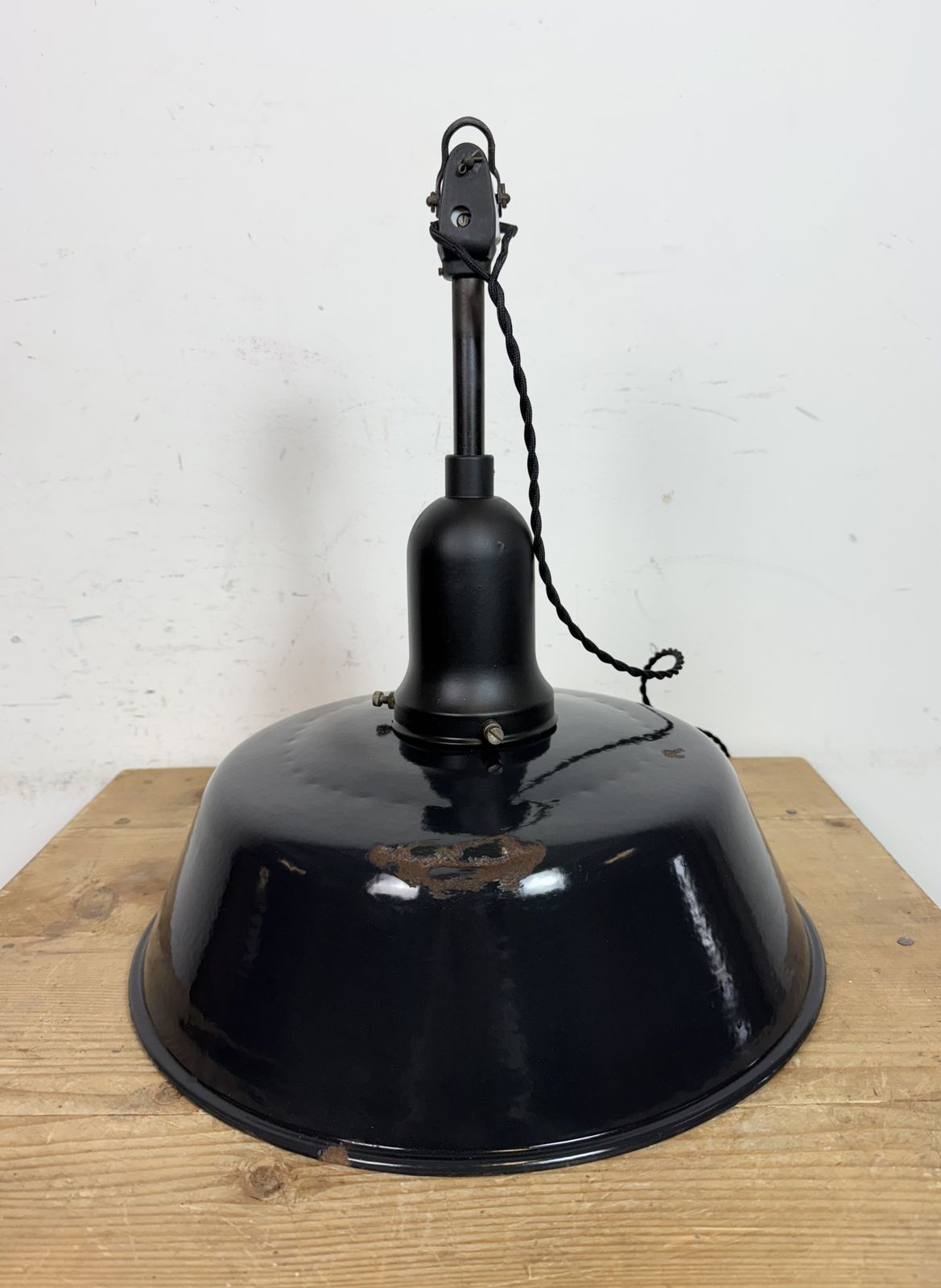 199.0 Industrial Black Enamel Factory Lamp With Porcelain Top, 1950s photo
