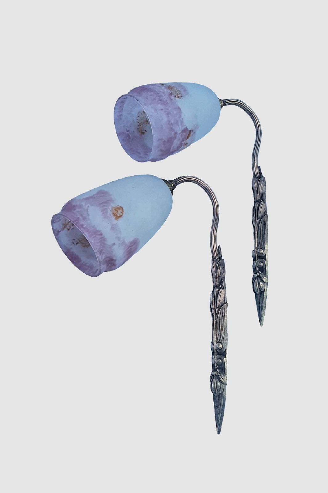Pair Of Art Deco Wall Sconces  Romantic Shape And Design For Bedroom Mottled Rose And Gold Tinted Shades Stylish Sleek Fixtures France 1930s photo vinterior