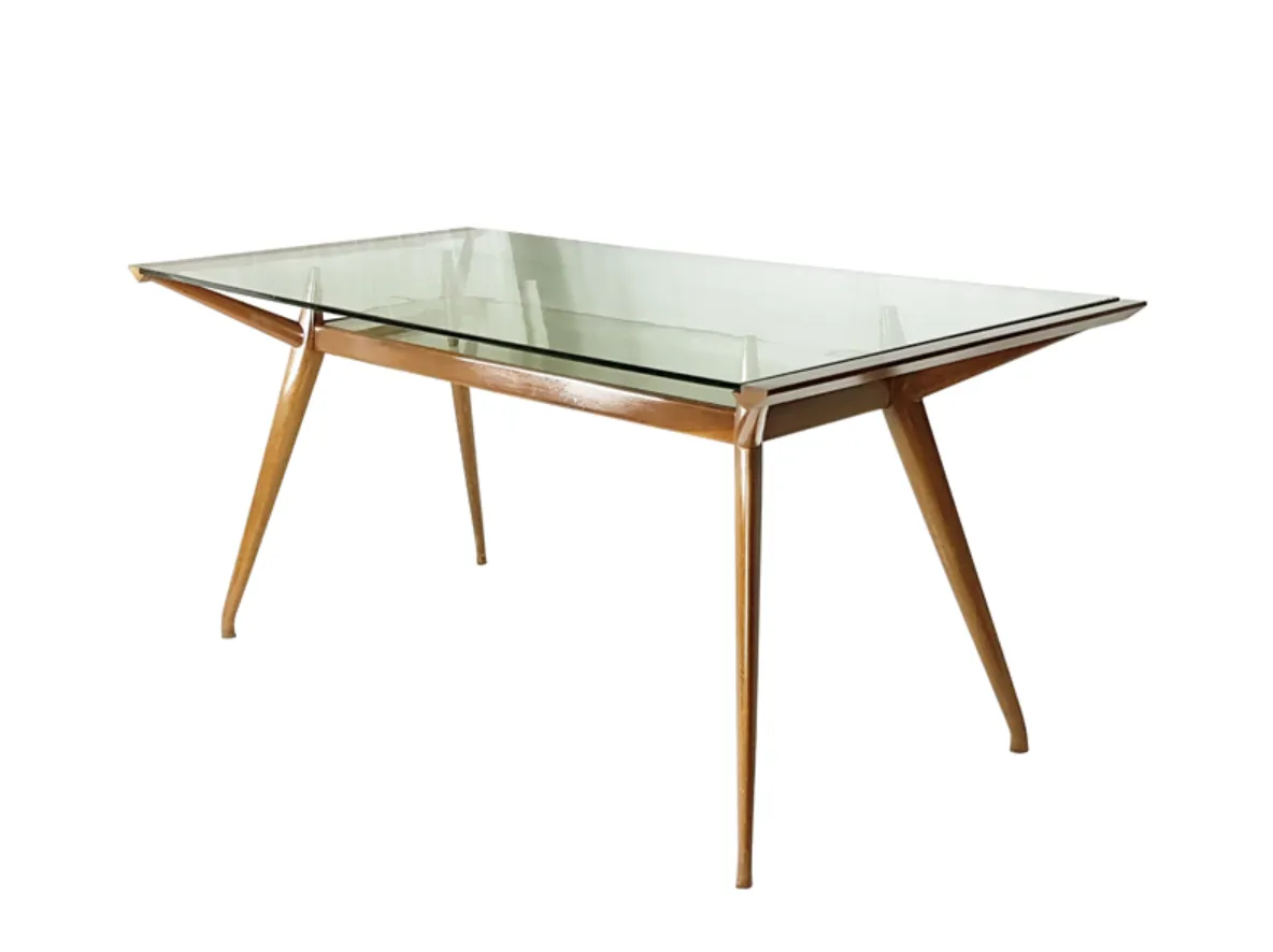 photo furniture Mid Century Italian Modern Beech Wood And Glass Dining Table From Isa, 1950s