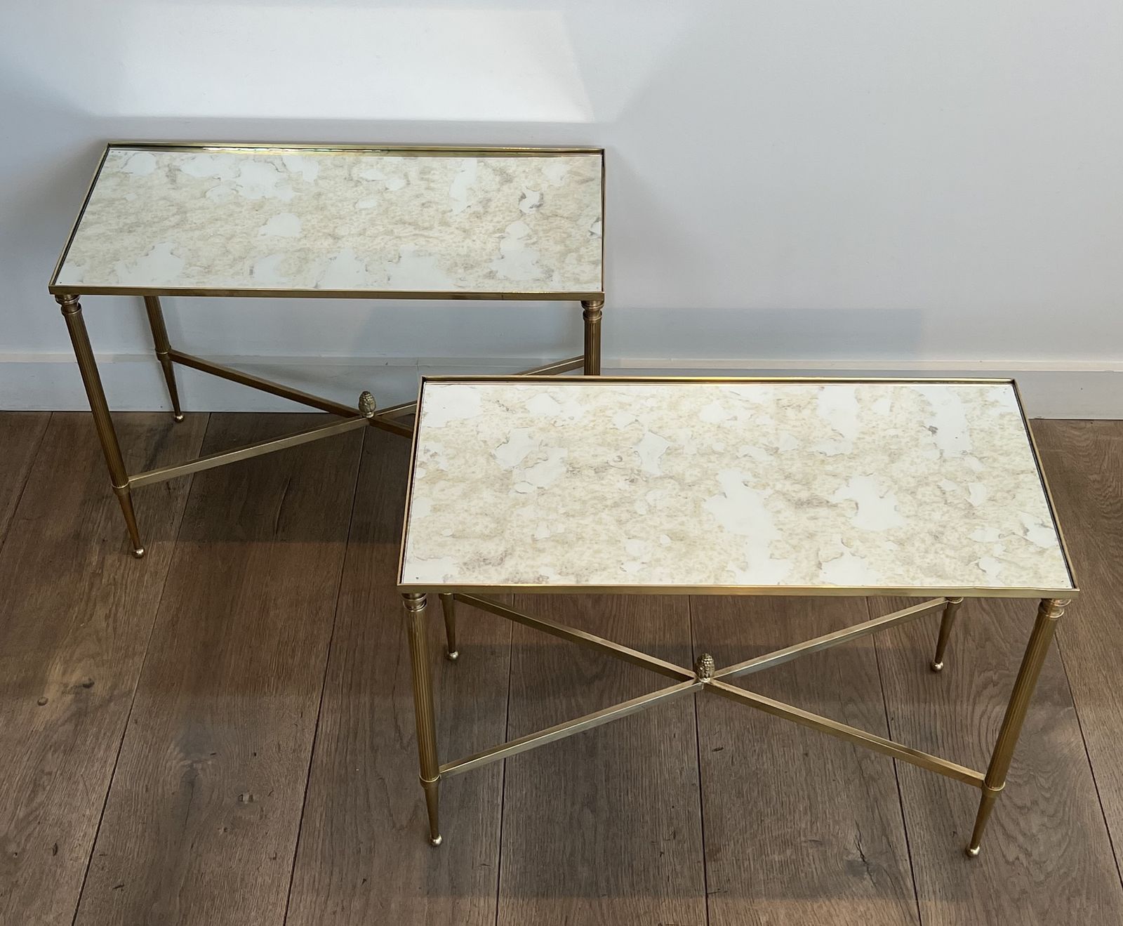 Pair Of Antique Brass Mirror Top End Tables From Maison Jansen photo Furniture