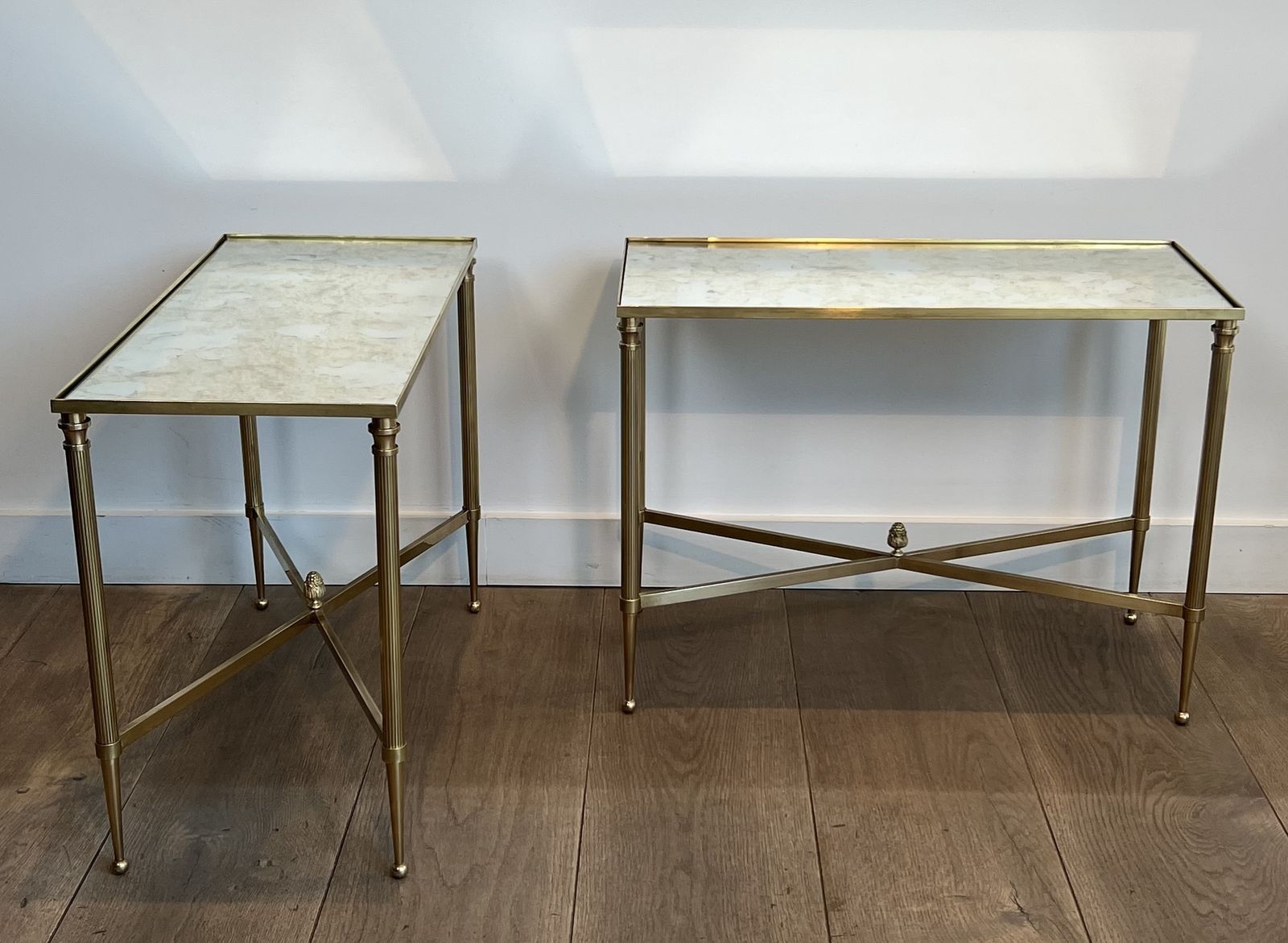 Pair Of Antique Brass Mirror Top End Tables From Maison Jansen photo vinterior