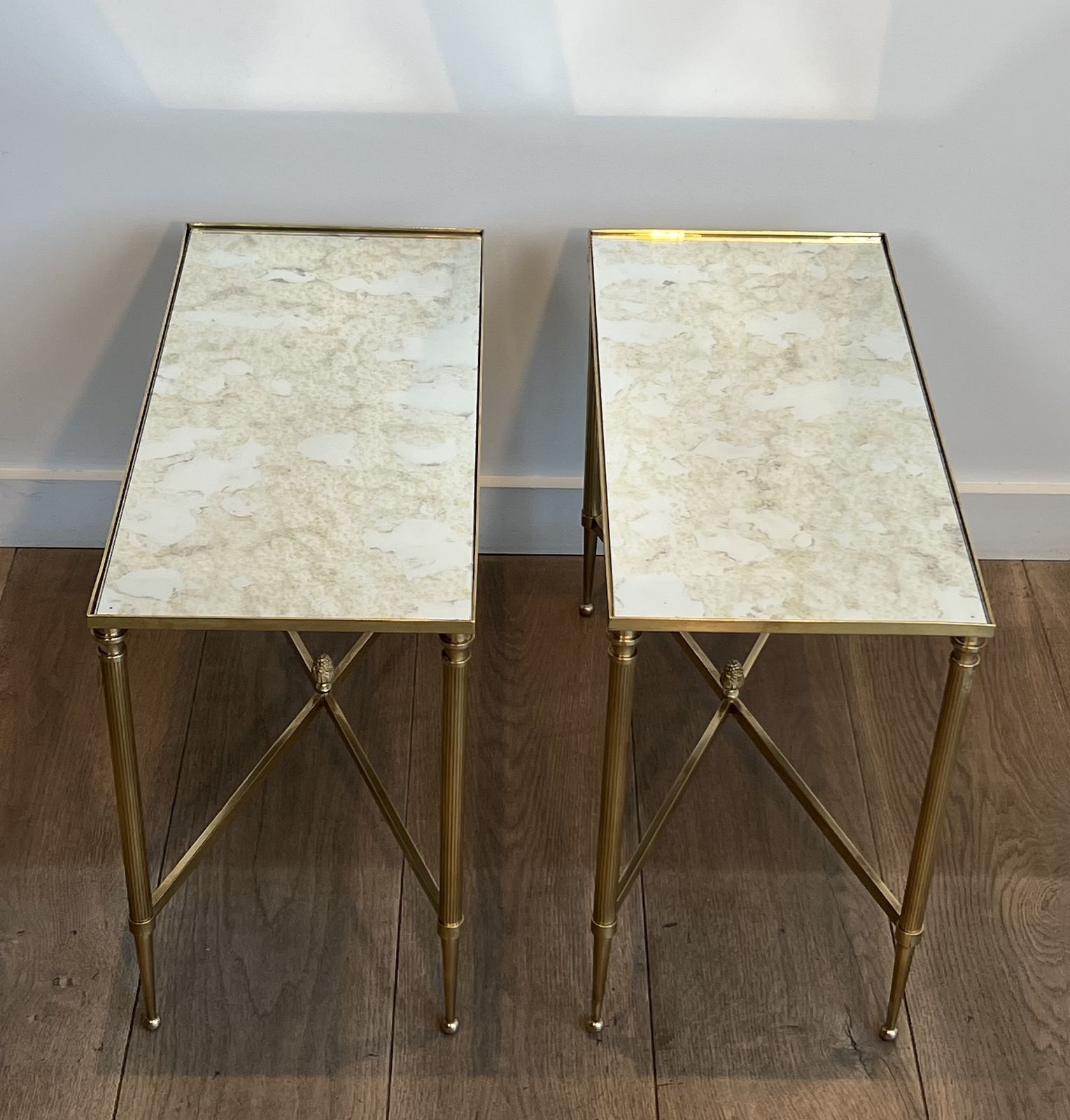 Pair Of Antique Brass Mirror Top End Tables From Maison Jansen photo vintage