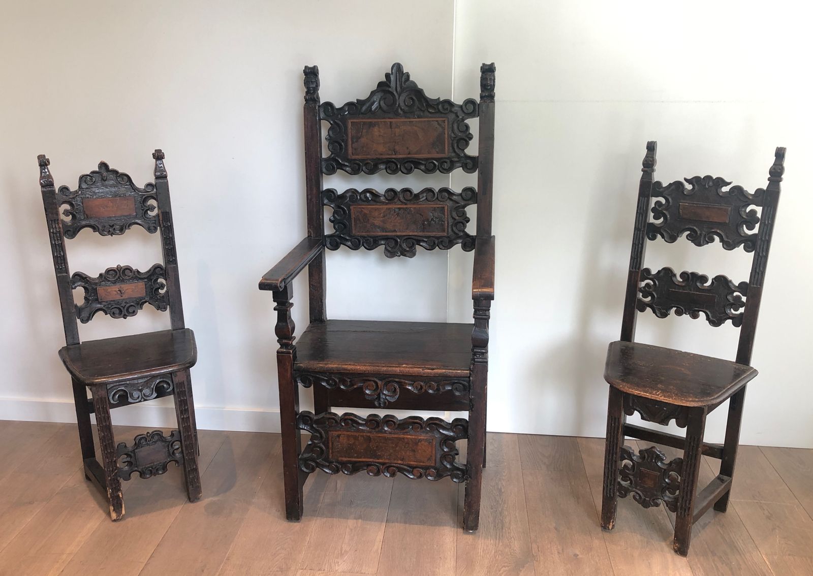 Set Of An Italian Renaissance Period Armchair And Pair Of Walnut Chairs