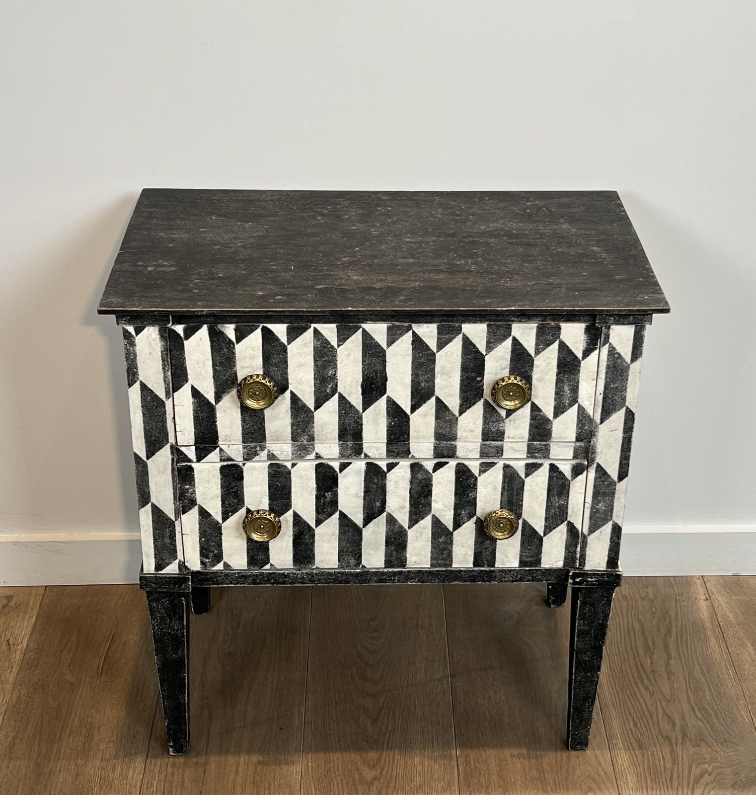 Small Italian Chest Of Drawers Opening With 2 Drawers Patinated With A Trompe L'oeil Checkerboard photo furniture