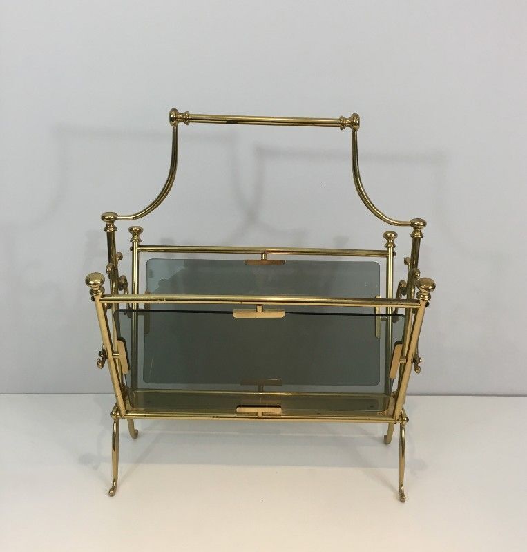 Neoclassical Magazine Rack In Brass And Blue Glass photo furniture