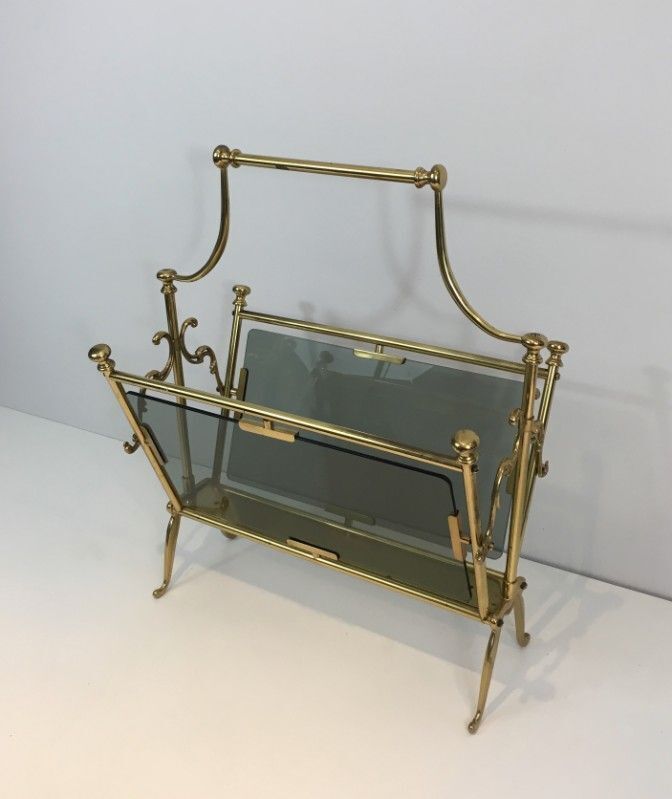 Neoclassical Magazine Rack In Brass And Blue Glass photo vintage