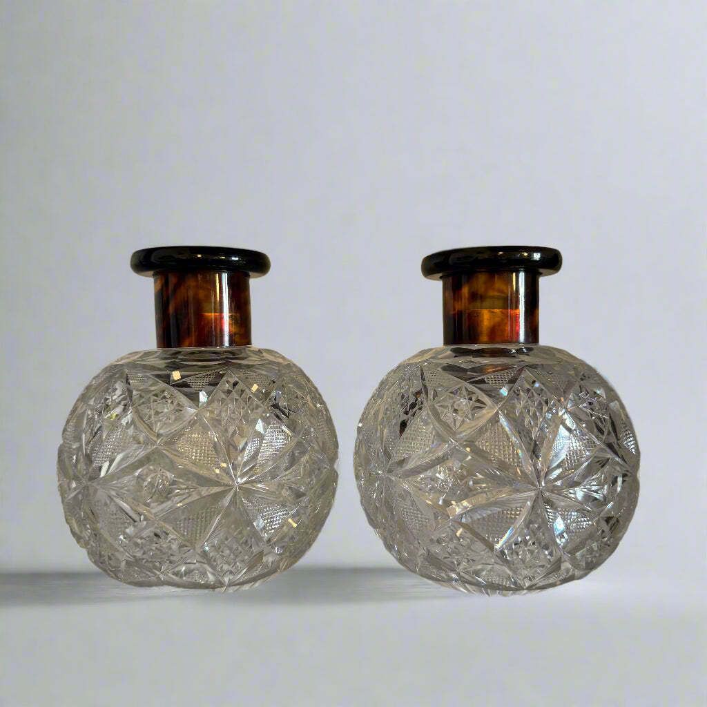 Pair Of Hobnail Cut Glass And Silver Scent Bottles Circa 1890 With Original Stoppers And Tortoise Shell Lids