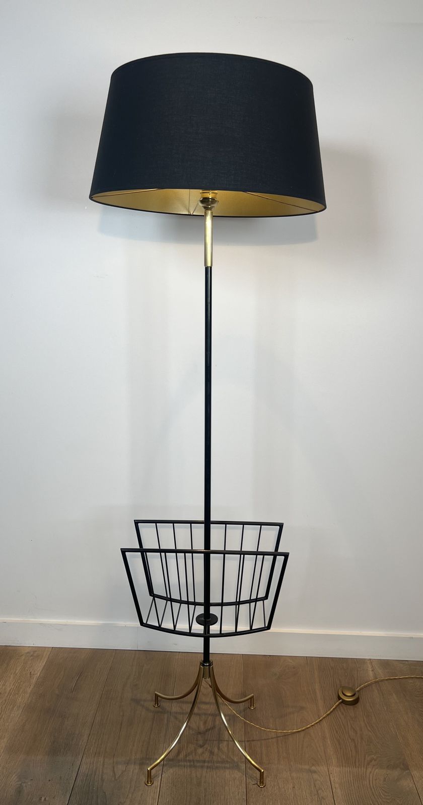 Designer Floor Lamp In Black Lacquered Metal And Brass With Incorporating A Magazine Rack photo furniture