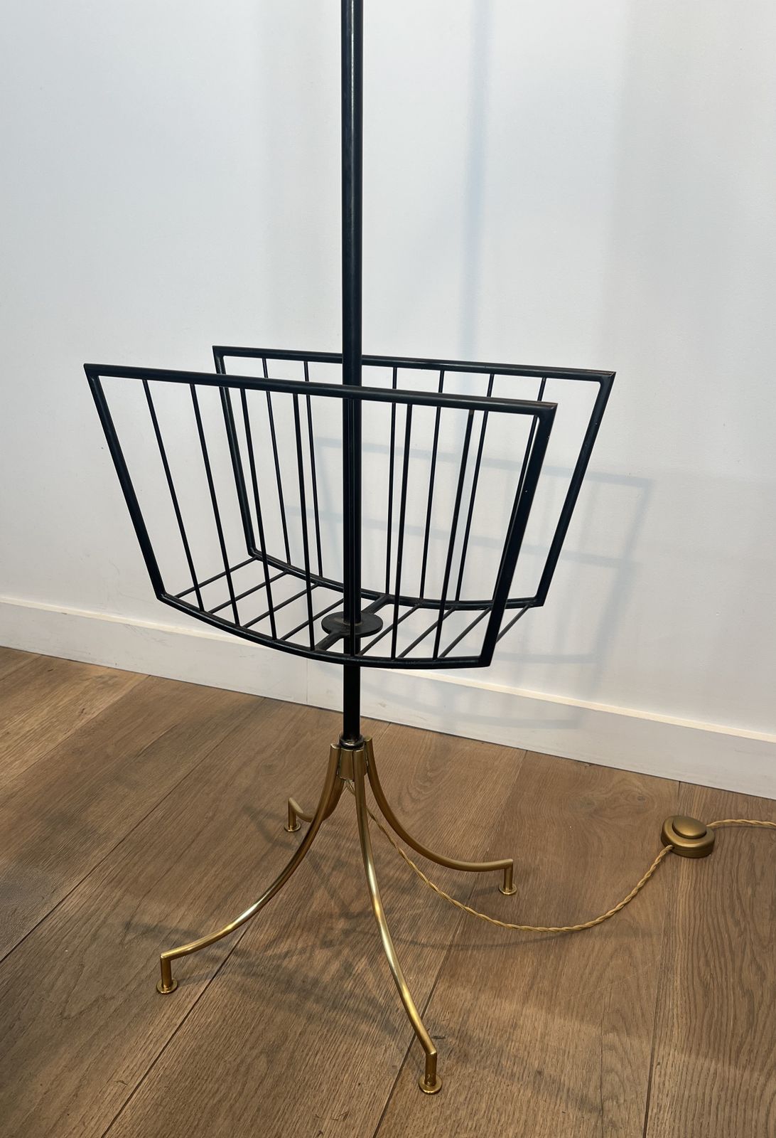 Designer Floor Lamp In Black Lacquered Metal And Brass With Incorporating A Magazine Rack photo vinterior