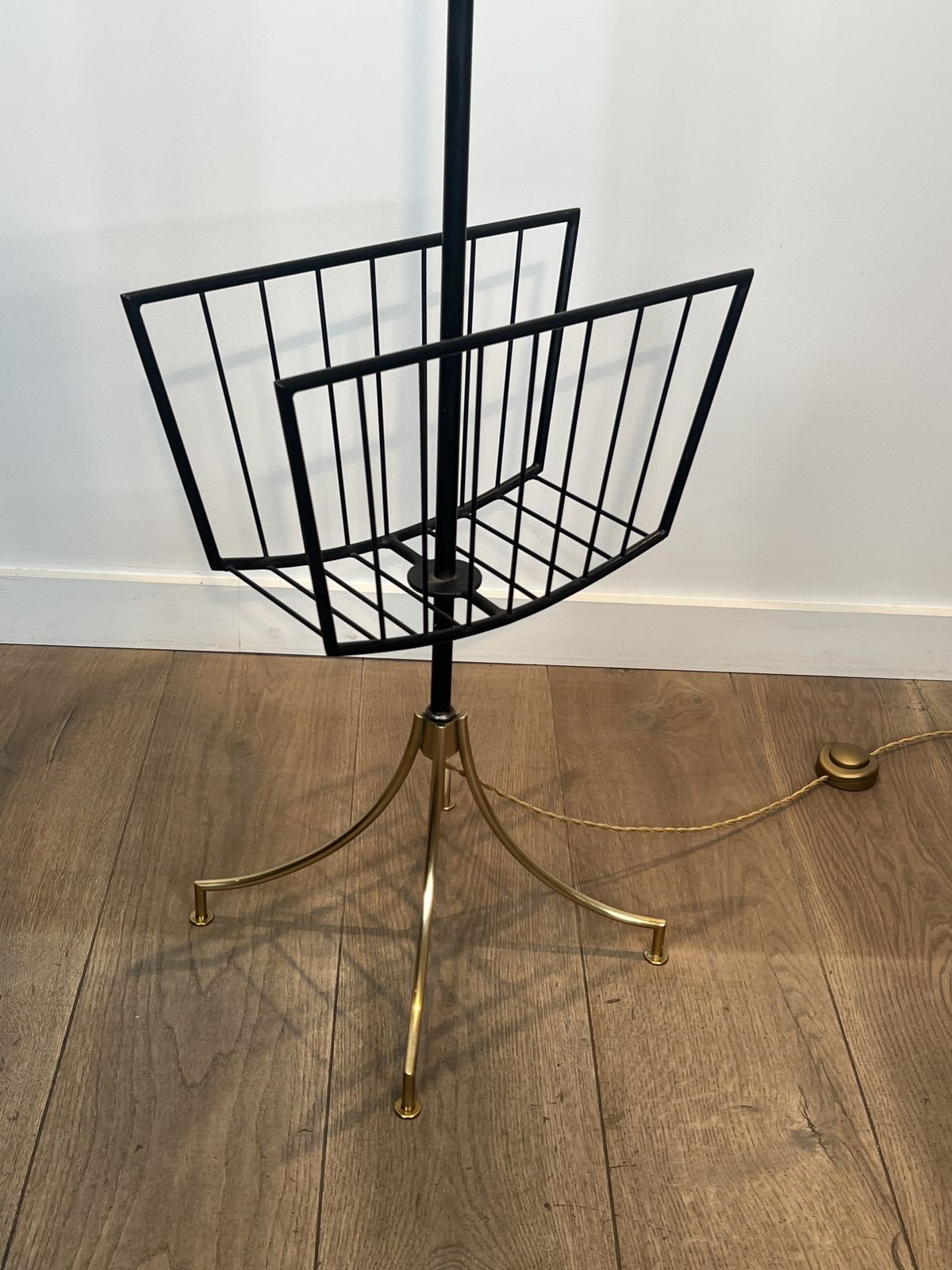 photo buy Designer Floor Lamp In Black Lacquered Metal And Brass With Incorporating A Magazine Rack