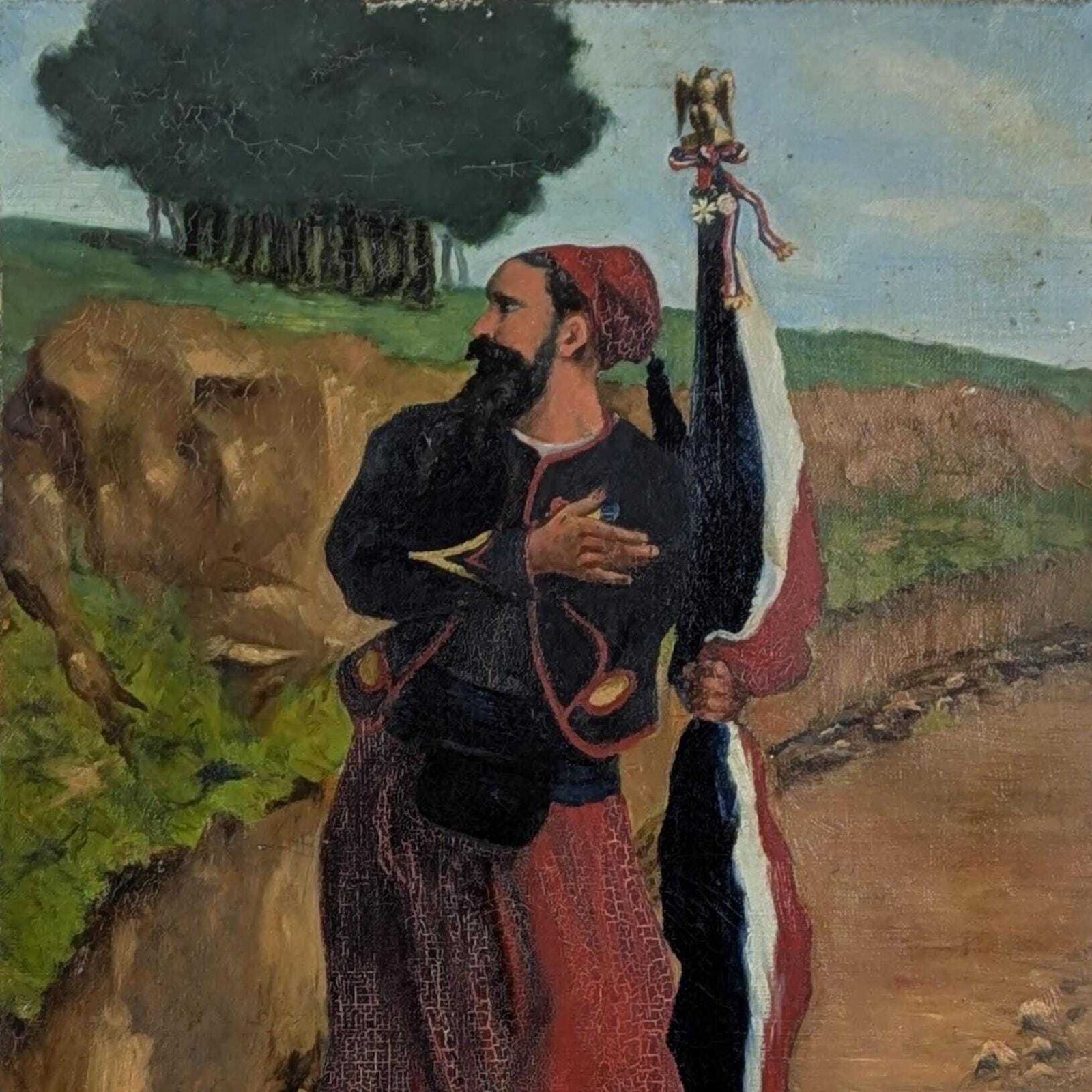 French Zouave Soldier Painting Antique Military Art Circa 1900 Collectible Wall Hanging, Old Gallery Wall Art, Rustic Militaria Folk Art photo vinterior
