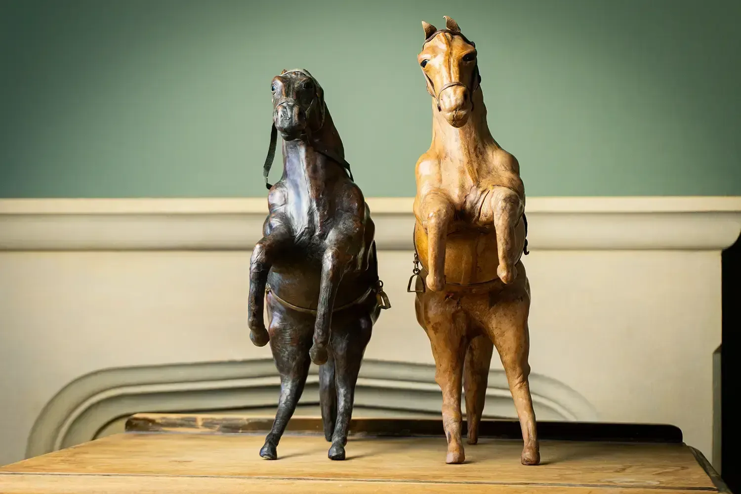 Pair Of 19th Century French Leather Horse Sculptures In Dynamic Rearing Pose photo furniture