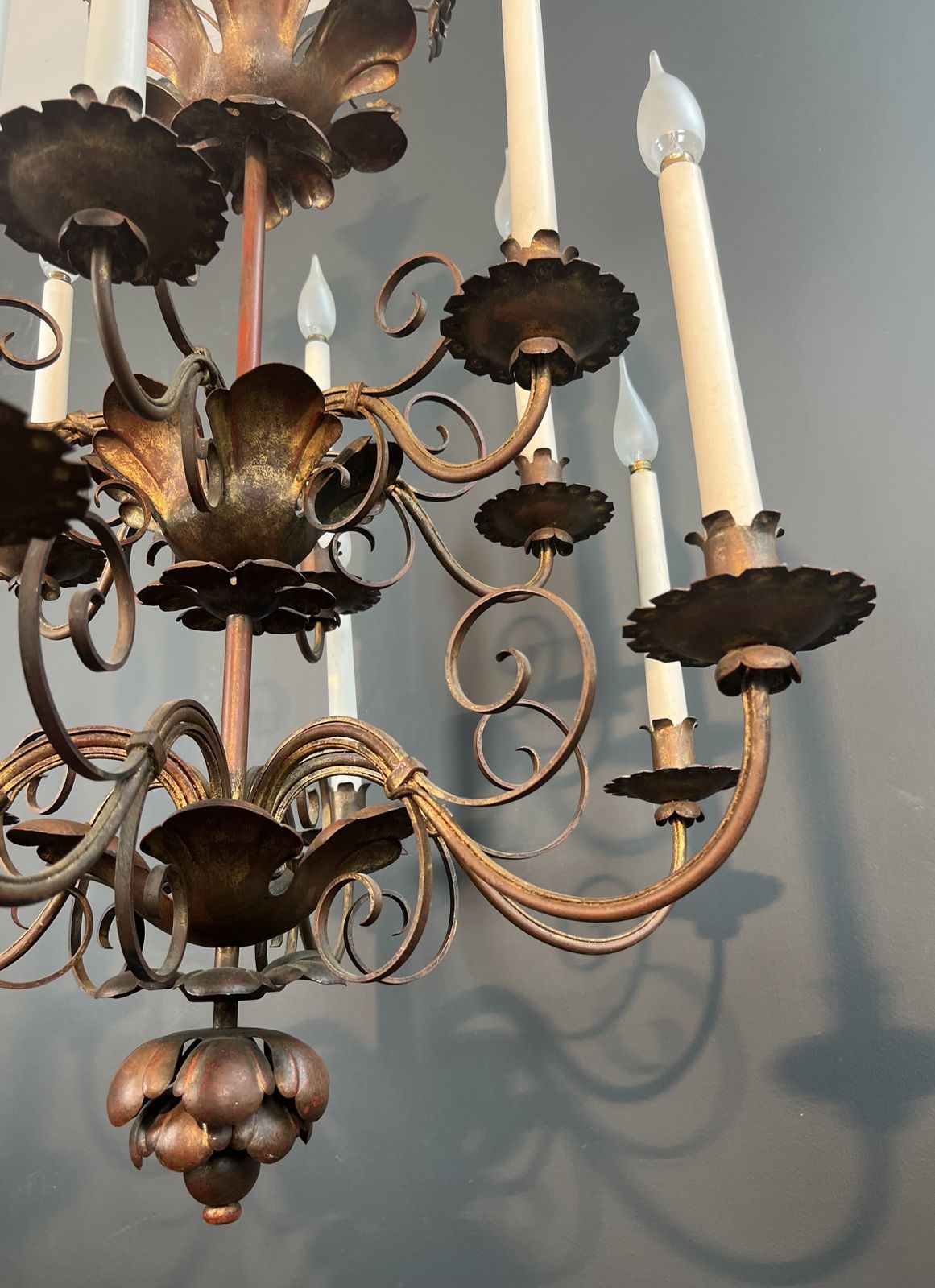 photo buy Important 2 Tier Gold Metal Chandelier With 12 Light Arms In The Style Of Maison Baguès