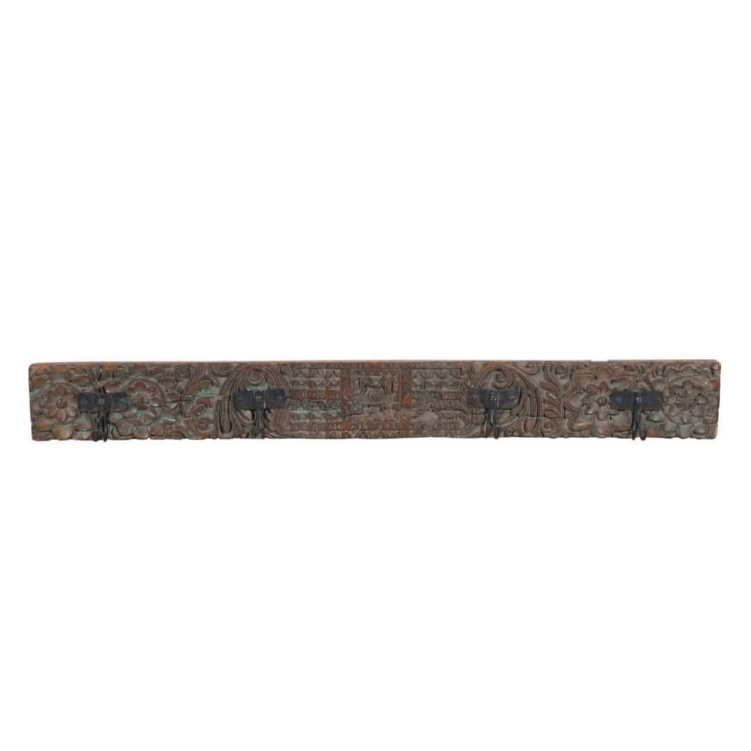 Antique Verdigris & Chestnut Teak Coat Hook Panel, Vintage Indian Carved Wall Rack, 115cm photo furniture