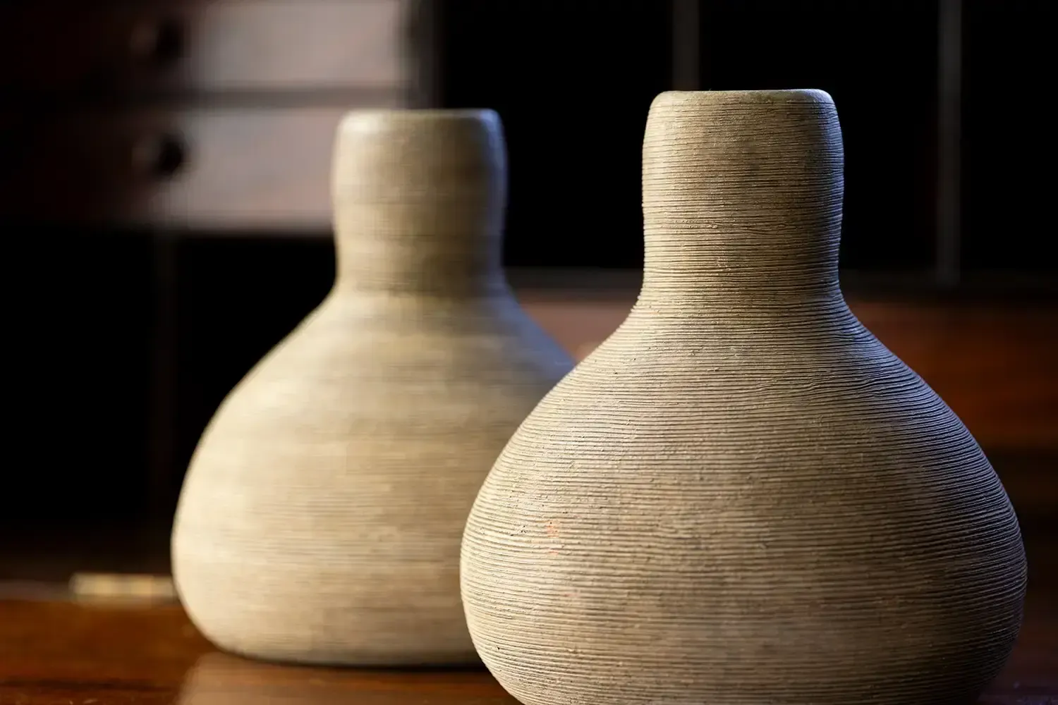 Pair Of Sculptural Minimalist Bud Vases – Ribbed Terracotta Finish, Scandinavian Style, C.1970s photo furniture