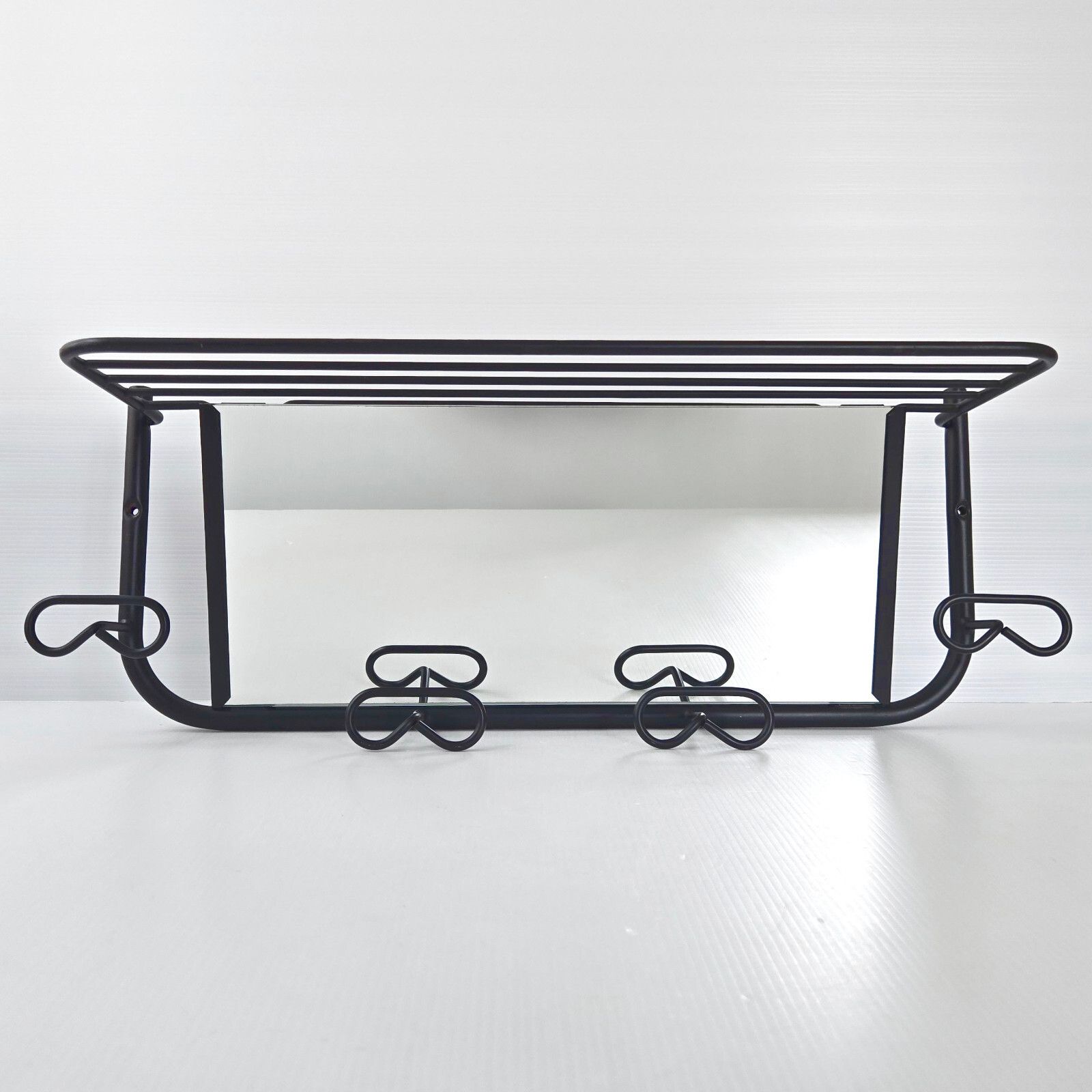 Vintage 1950 Rockabilly Black Lacquer Metal Patere Mirror Wall Coat Rack 50s photo for sale