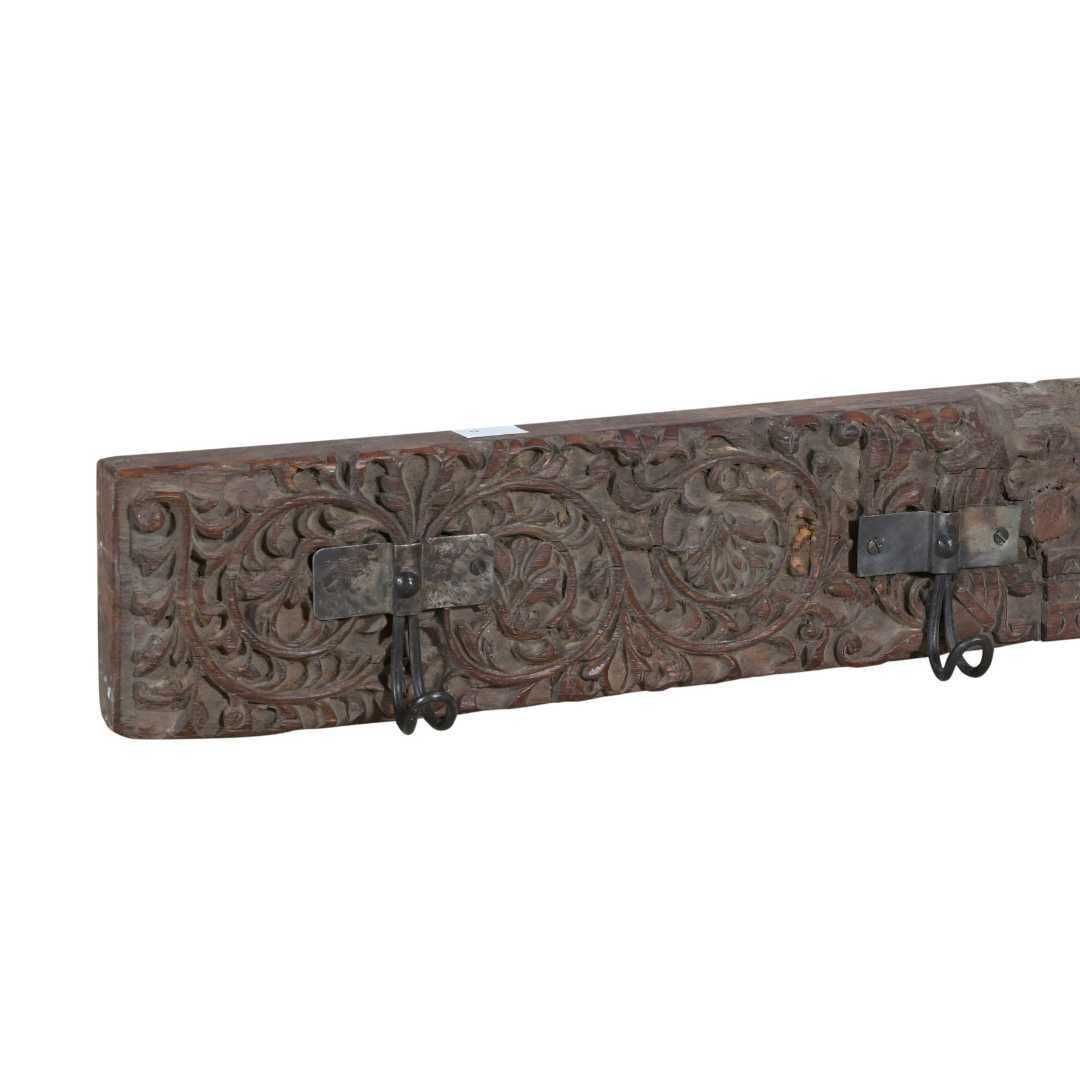 Antique Rosewood & Charcoal Teak Coat Hook Panel, Vintage Indian Carved Wall Rack, 120cm photo for sale